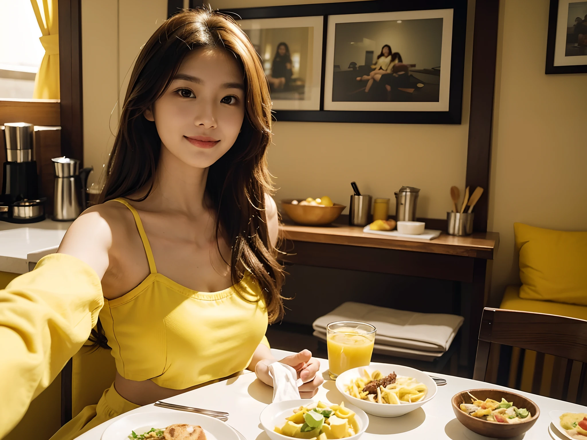 there is a woman that is sitting down with a plate of food, picture, wearing yellow croptop, non blurry, with long hair, not blurry, desaturated!!, with kind face, slight cute smile, cindy avelino, (((yellow))), :: morning, ((glowing)), with her long, old picture, selfie photo
