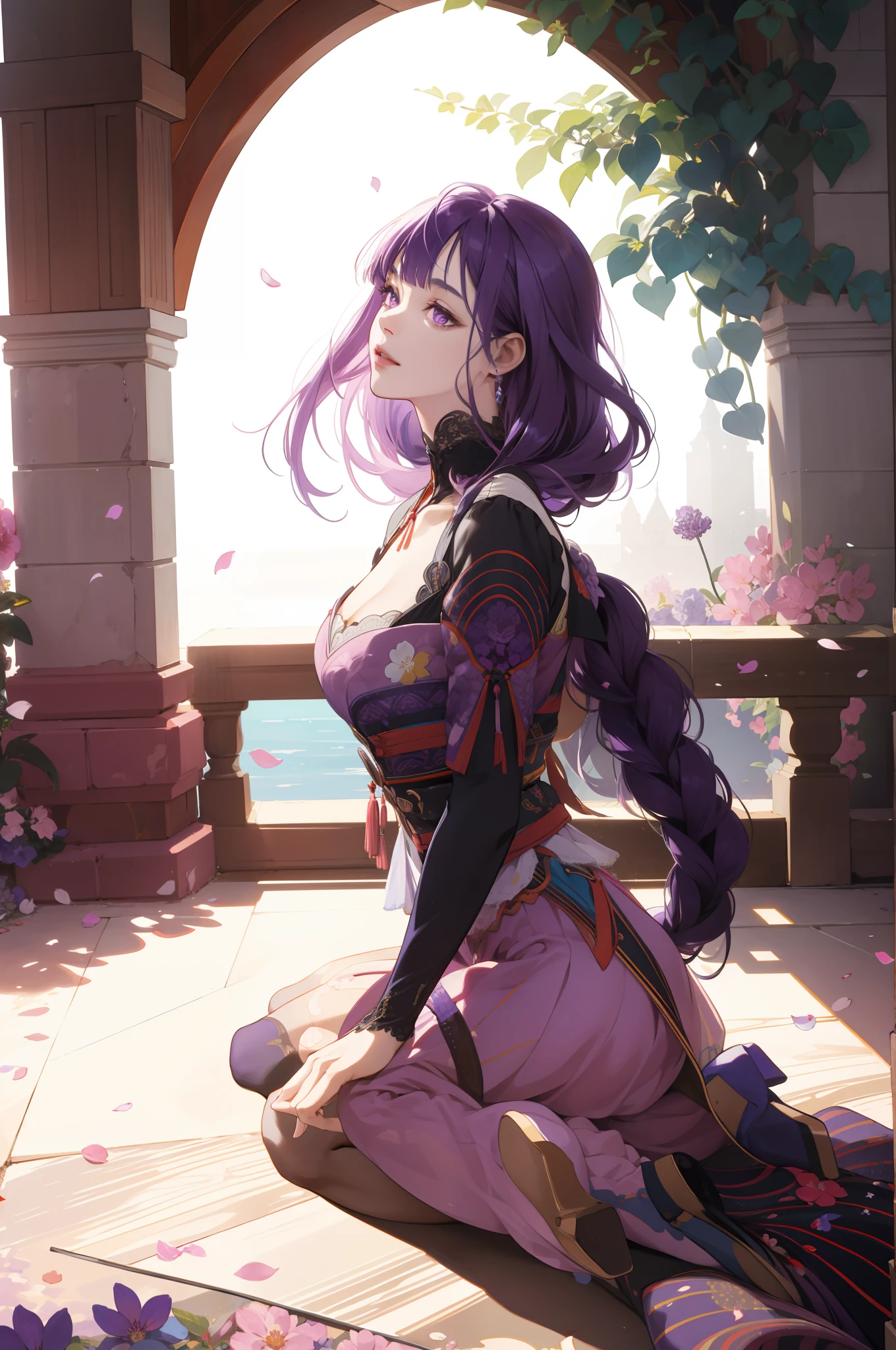 (absurdres, highres, ultra detailed), 1girl, mature female, wavy purple hair, long hair, blunt bangs, green eyes, pink dress, finely detailed eyes and detailed face, extremely detailed CG unity 8k wallpaper, intricate details, BREAK , kaleidoscopic imagery, symmetrical patterns, vibrant colors, geometric shapes, mesmerizing designs, optical illusions, dynamic composition BREAK , pantomime art, expressive body language, silent storytelling, evocative gestures, visual narratives, theatrical performances BREAK , blooming flowers, colorful petals, fragrant scents, nature's bounty, vibrant gardens, peaceful scenery