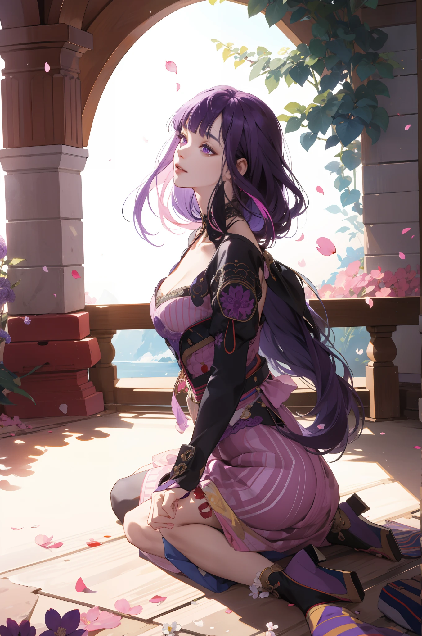 (absurdres, highres, ultra detailed), 1girl, mature female, wavy purple hair, long hair, blunt bangs, purple eyes, pink dress, finely detailed eyes and detailed face, extremely detailed CG unity 8k wallpaper, intricate details, BREAK , kaleidoscopic imagery, symmetrical patterns, vibrant colors, geometric shapes, mesmerizing designs, optical illusions, dynamic composition BREAK , pantomime art, expressive body language, silent storytelling, evocative gestures, visual narratives, theatrical performances BREAK , blooming flowers, colorful petals, fragrant scents, nature's bounty, vibrant gardens, peaceful scenery