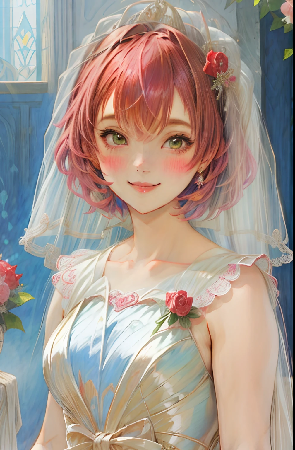 1girl in、short-hair、Wedding, wedding dress,Smile, roses, masutepiece, Best Quality, Delicate facial features, Correct human body,