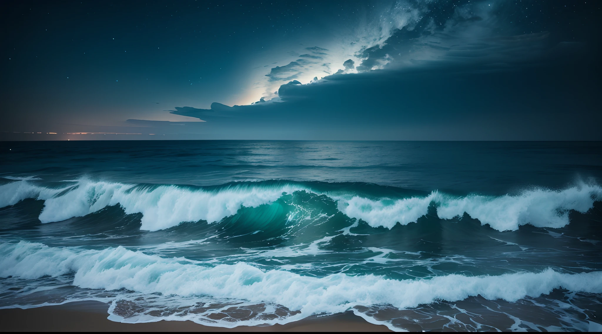 The sea and the sky are the same，Realistic photos of bioluminescent beach and bioluminescent waves taken by DSLR camera，canon eos 5d mark iv，Focus sharply with the correct lens，Highly detailed RAW photos，Shutter masterpiece，Professional photos of the highest quality，an award winning photograph，Large wide angle