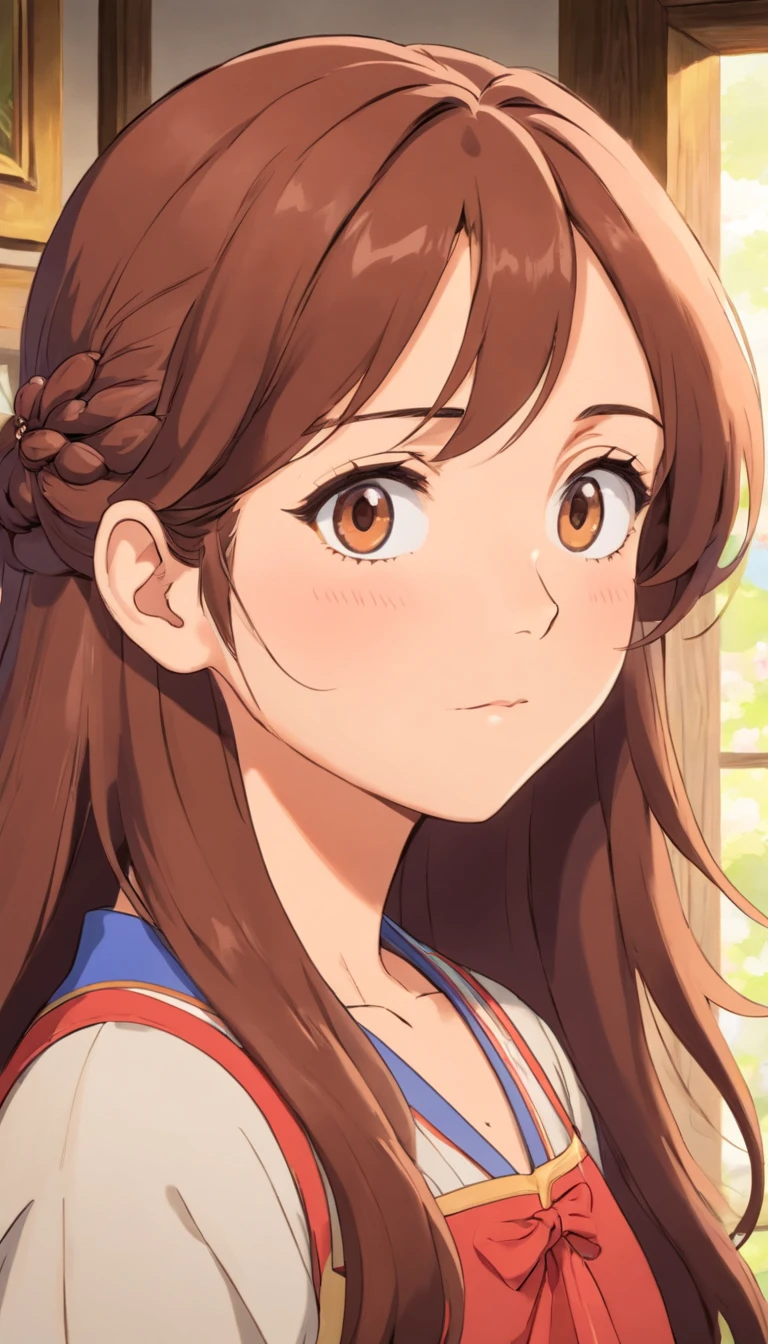 Mom face,a woman with a brown long hair,45 years old,front view,house wife.