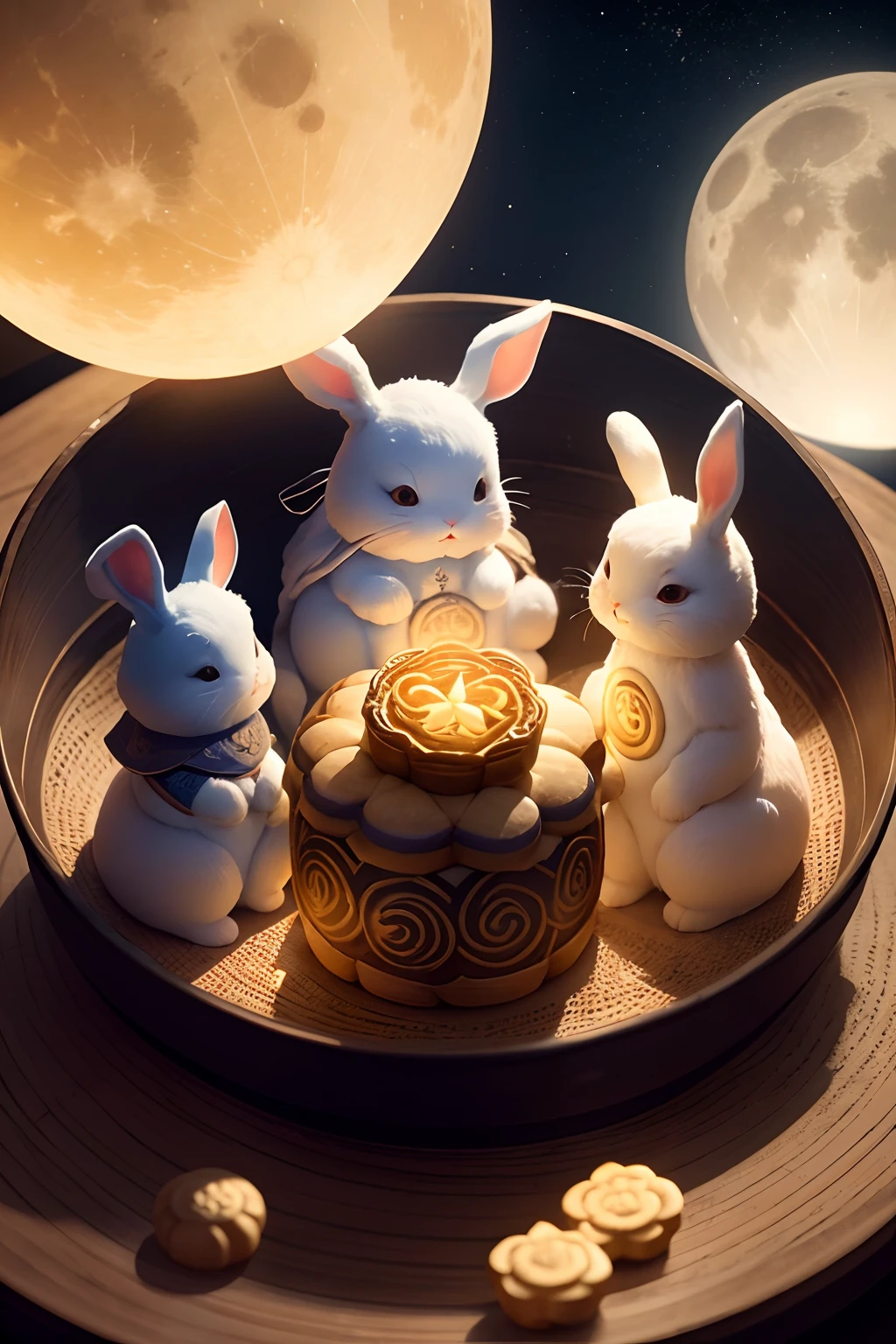 Three small moons,Three rabbits,A big moon,,Celestial,with light glowing,Moon cake,Mainly about mooncakes,mid-autumn festival