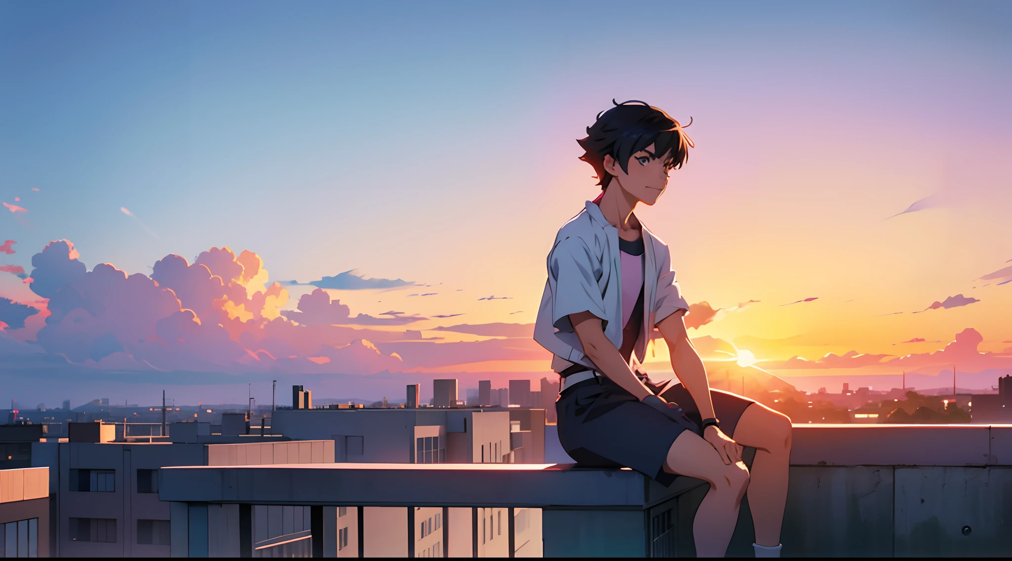 Anime boy sitting on a ledge at sunset, Anime Art Wallpaper 8K, Anime Art Wallpaper 8K, Anime Art Wallpaper 8K, Estilo anime 8K, 8k anime wallpapers, Wallpapers manga 4K wallpapers, Makoto Shinkai Cirilo Rolando, crowded festival, menino lofi