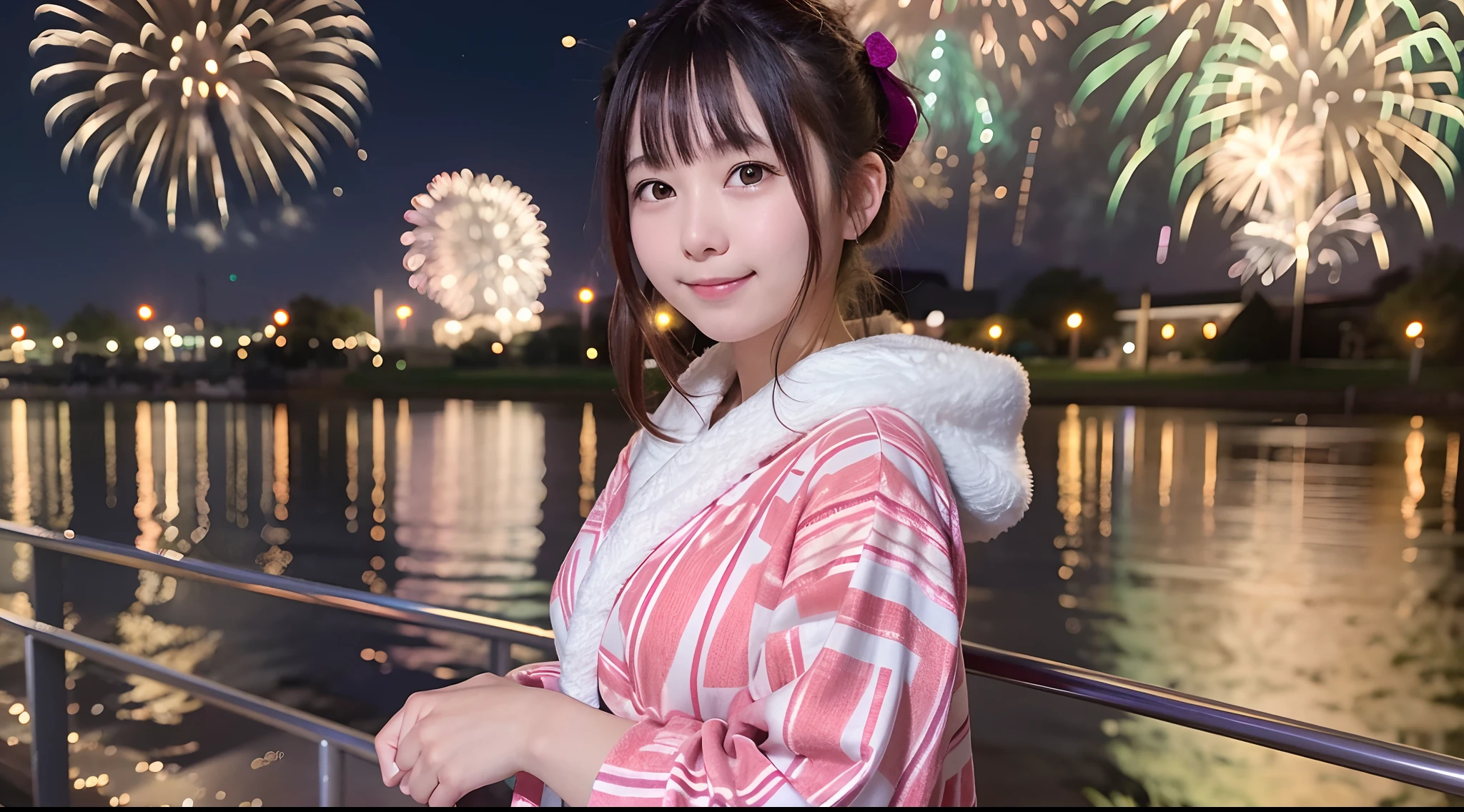 Wide shot of a beautiful 18-year-old beautiful woman wearing a yukata in the background of a mysterious fireworks display: 1.5, Unity 8k wallpapers: 1.3, highly accurate: 1.1。As a stylish snapshot、18-year-old beauty smiling、Beauty 18 years old: 1.3、a wide shot: 1.2、bathrobe: 1.1、Fireworks Display: 1.1。 a smile realisitic、Live Action、starlight sky