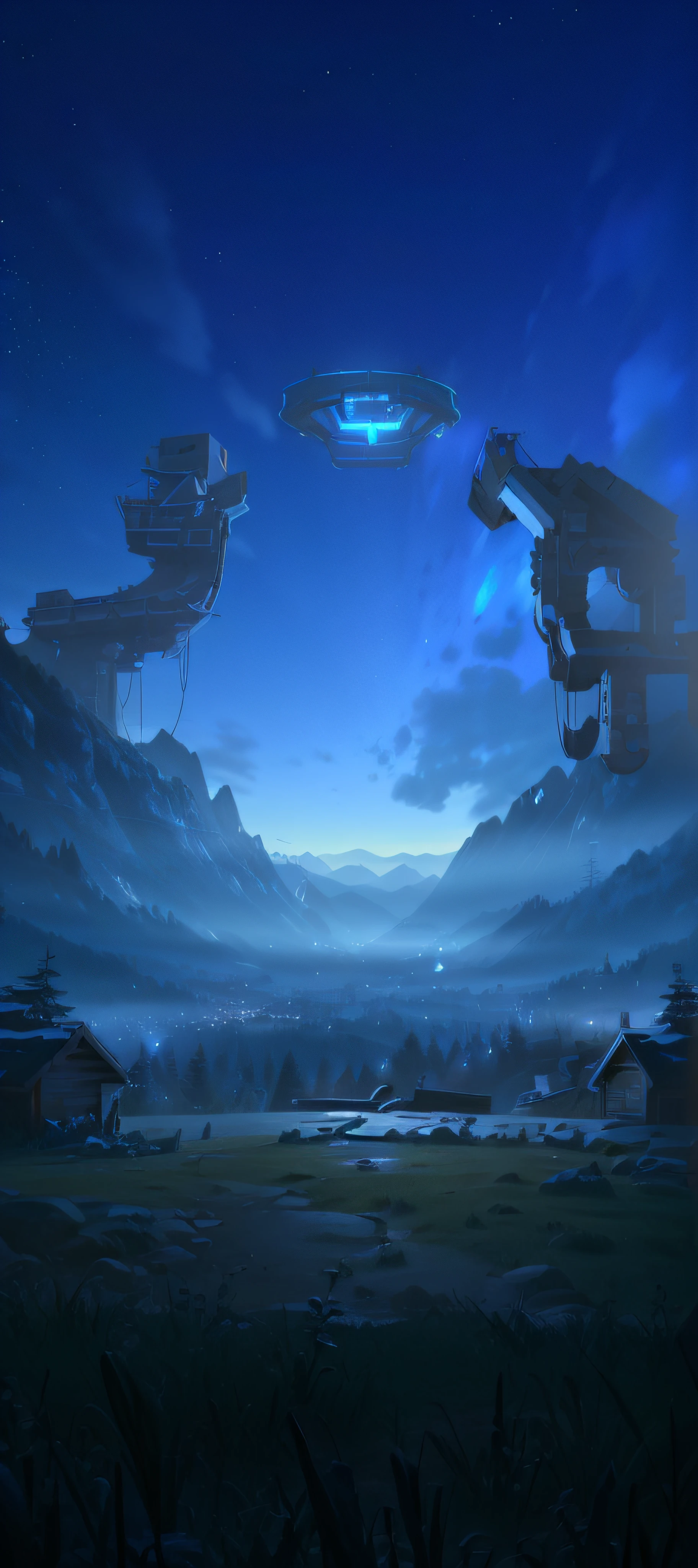 nighttime scene，ln the forest，mountain ranges，unreal engine rendered