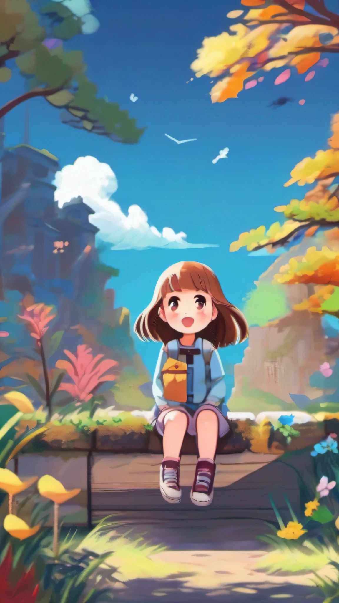 ((Chibi style illustration)), (innocent curiosity), (eyes wide open in surprise), (enthusiastic about learning), (vivid and cheerful colors), (innocent charm) , (expressive facial expression), (happy discovery), (joyful discovery), (childhood curiosity), (clear blue sky), (girl in the bottom third of the picture) , (dreamy landscape)
