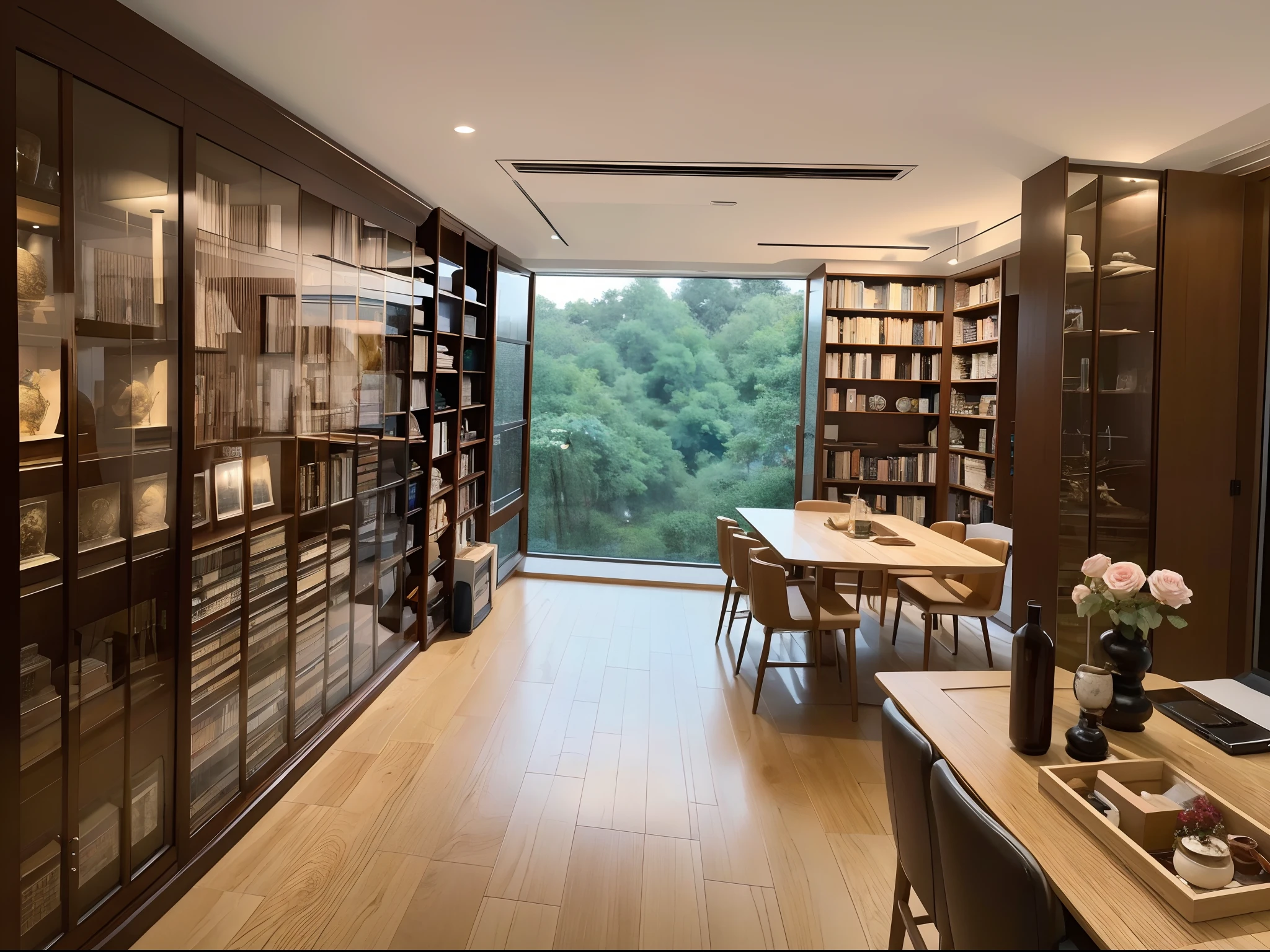 ,masterpiece, best quality,8k, ultra highres,Step into this tranquil study,It was as if he had arrived at a secret sanctuary of wise men。The bookshelves on the walls soar into the sky,It is filled with precious ancient books and rare manuscripts,It gives the illusion of being lost in a sea of knowledge。Comfortable leather seats with soft lighting,Immerse yourself in the world of reading。On the table is a cup of fragrant coffee and a bright rose,Let you find a source of inspiration in thinking and exploring。