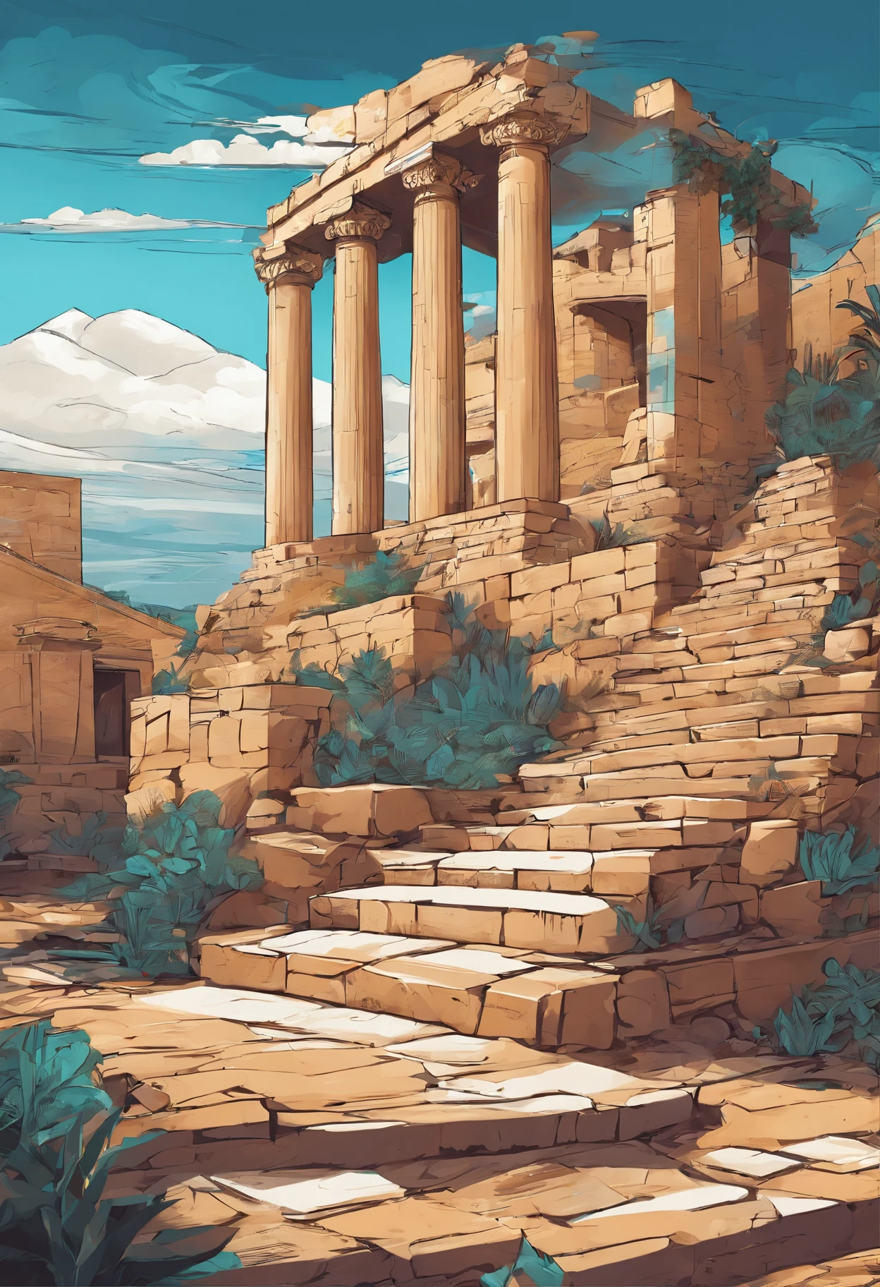 Ancient Greece,atenea ,—width 672, landscape artwork, environment design illustration, scenery art detailed, Seaside view, concept-art, 4k highly detailed digital art, 4 k digital painting, 4k digital painting, stunning digital illustration, Desert background, digital painting concept art, Detailed digital painting