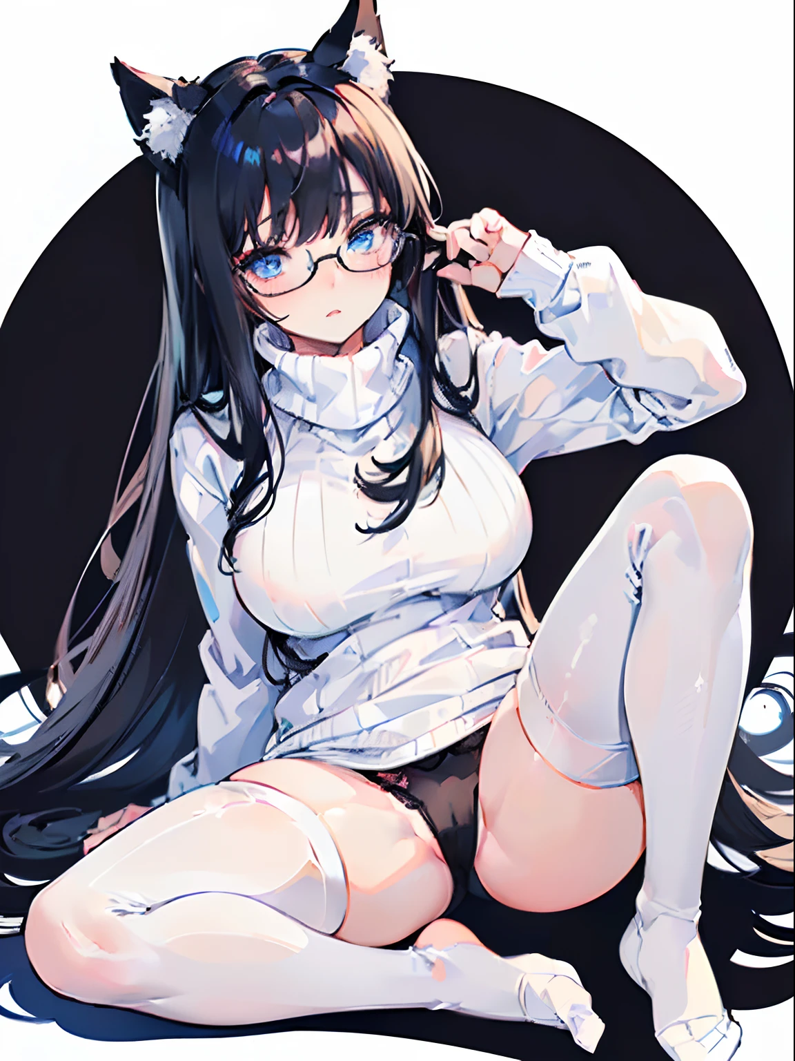 (((solo))), (((1, girl))) (((anime adult woman in a WHITE turtleneck cotton sweater outfit))), (((beautiful detailed eyes))), (((blue eyes))) (((parted lips))), (((black cat ears))), (((black hair))), (black messy hair), (((blushing))), (((flustered))), (((sitting, legs spread))), (((knees together feet apart pose))), anime moe artstyle, with glasses, (((with WHITE thigh highs))), (((no shorts))), ((())), (((WHITE thigh highs socks))), (((BLACK panties))) spectacled, with BLACK glasses on, attractive anime girl, (((white background))), (((perfect hands))), (((extreme close up to viewer))), (((looking up at viewer))), (((leaning towards viewer))), (((full body)))