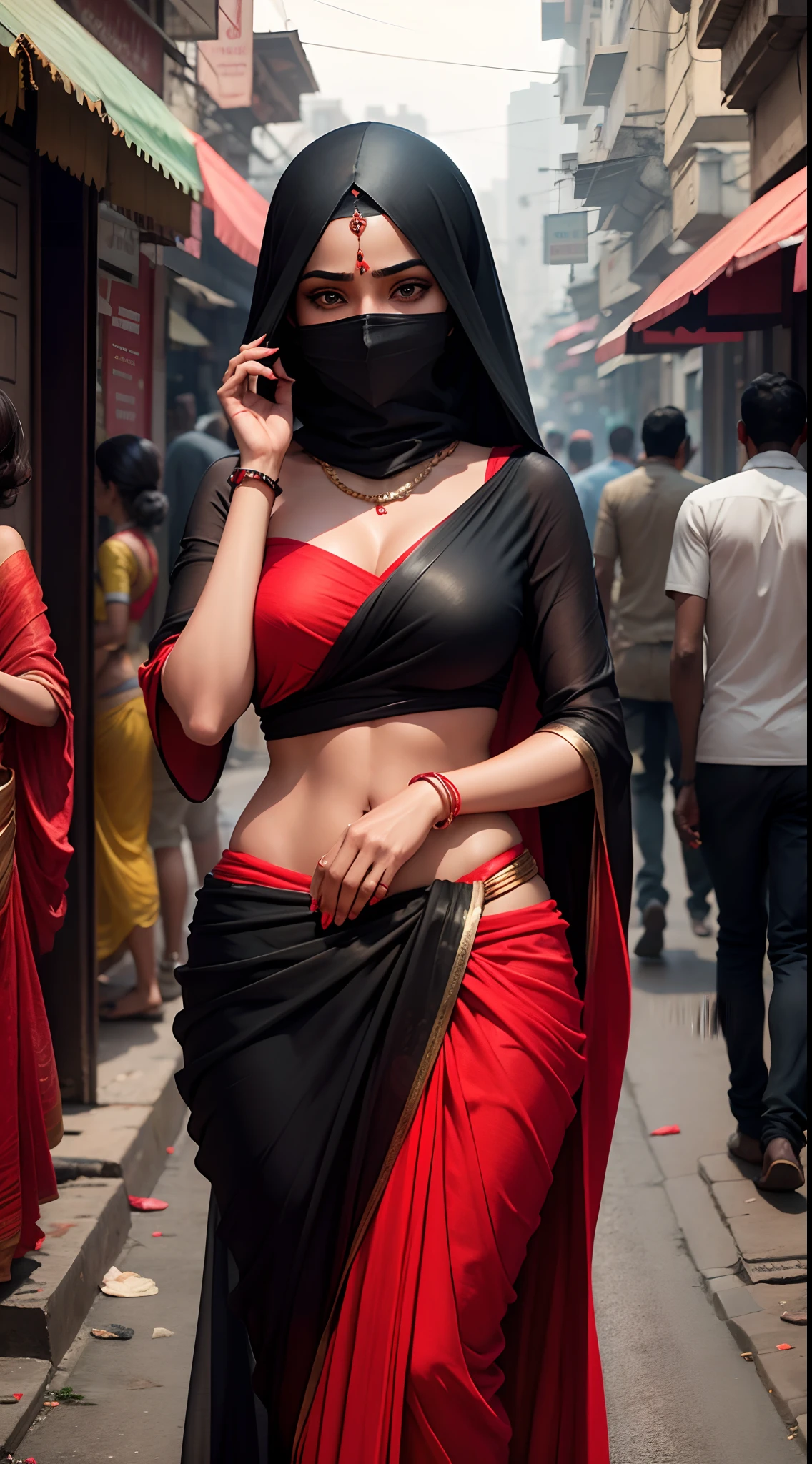 mumbai street animated /black women with red saree/covered face