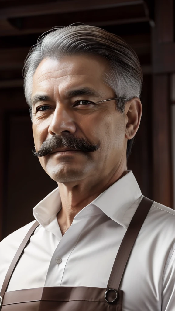 (the Extremely Detailed CG Unity 8K Wallpapers,masutepiece, Best Quality, Ultra-detailed), Gray background, 73-year-old male living in Japan, Stubborn 73-year-old man, ((Looking at the camera)), white shirt, As for the hairstyle、With medium-length hair,、The flow behind is gentle。Hair does not fade、Be healthy and at the same time、Also gives an intellectual impression。Hair color is、in deep brown、Has a natural luster, There is a sense of cleanliness。His appearance is、Combines calm and intelligence、Apron, mustaches