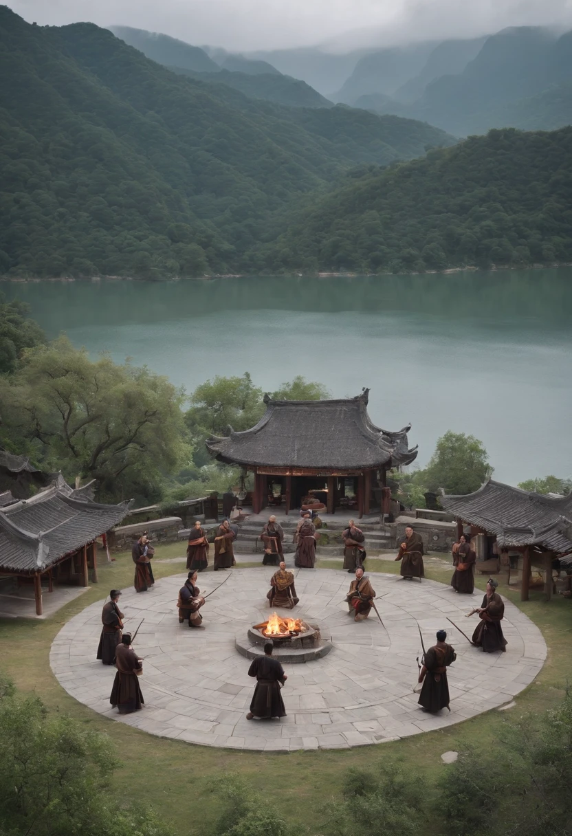 A group of shamans from the ancient Chinese Shu kingdom are sacrificing，Sense of ritual，A wizard knelt down to pray，Other wizards dance on the altar，in a panoramic view，On a circular altar by the river，hot with shining sun，Sanxingdui culture，There are samurai with swords around