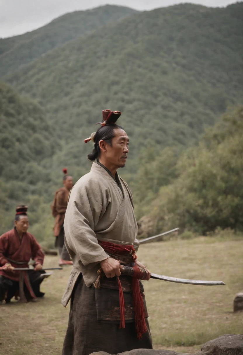A group of shamans from the ancient Chinese Shu kingdom are sacrificing，Sense of ritual，A wizard knelt down to pray，Other wizards dance on the altar，in a panoramic view，On a circular altar by the river，hot with shining sun，Sanxingdui culture，There are samurai with swords around