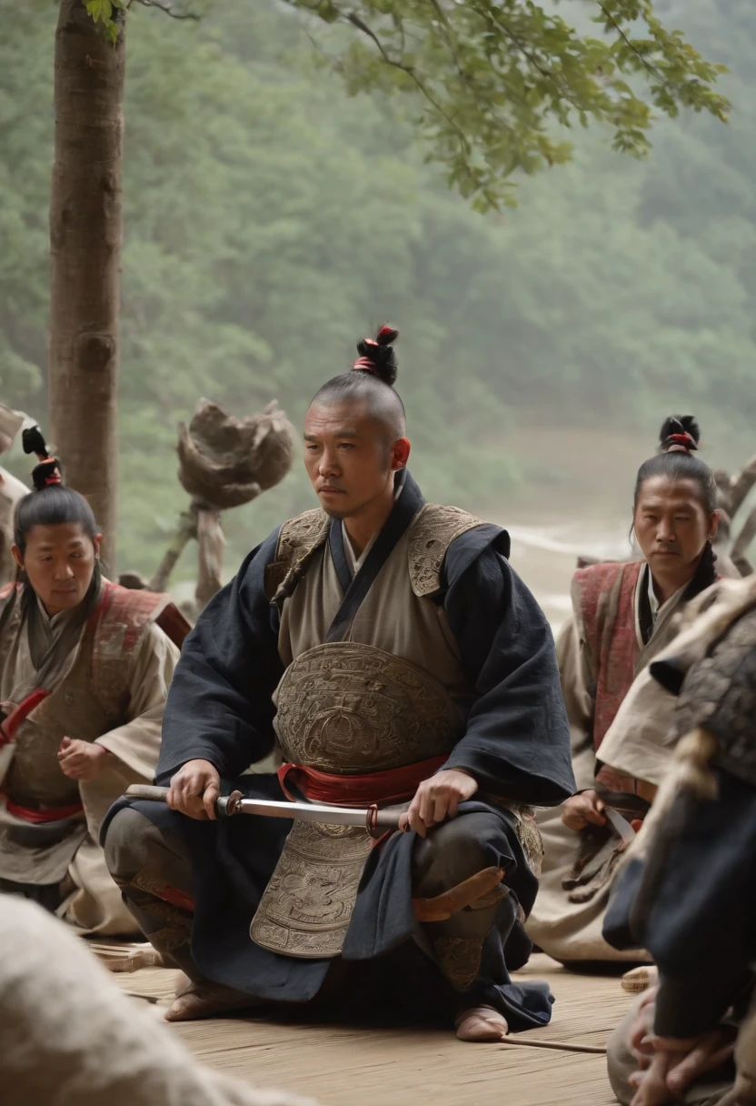 A group of shamans from the ancient Chinese Shu kingdom are sacrificing,Sense of ritual,A wizard knelt down to pray,Other wizards dance on the altar,in a panoramic view,On a circular altar by the river,hot with shining sun,Sanxingdui culture,There are samurai with swords around