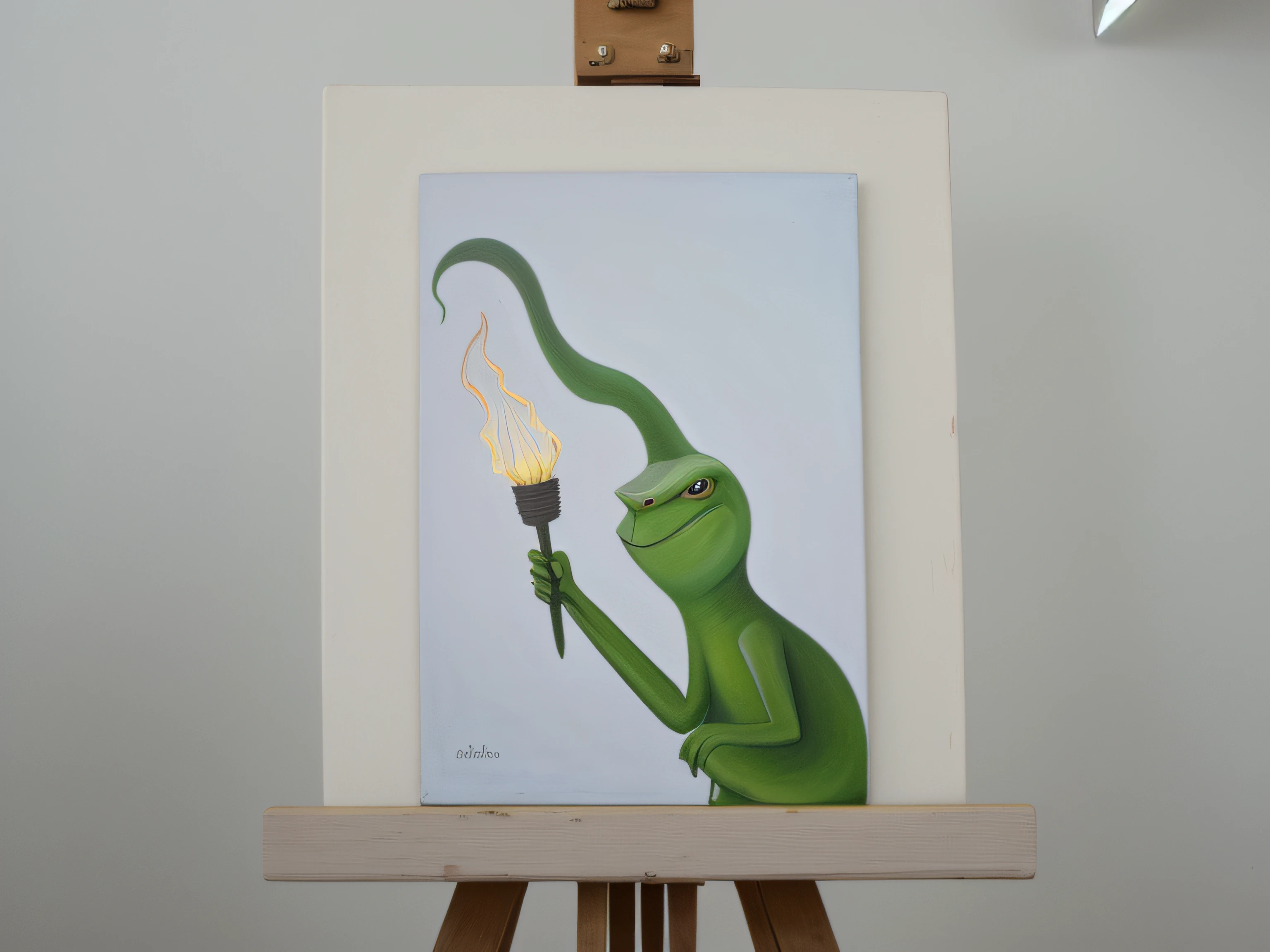 painting of a green creature on a easel and holding a Torch