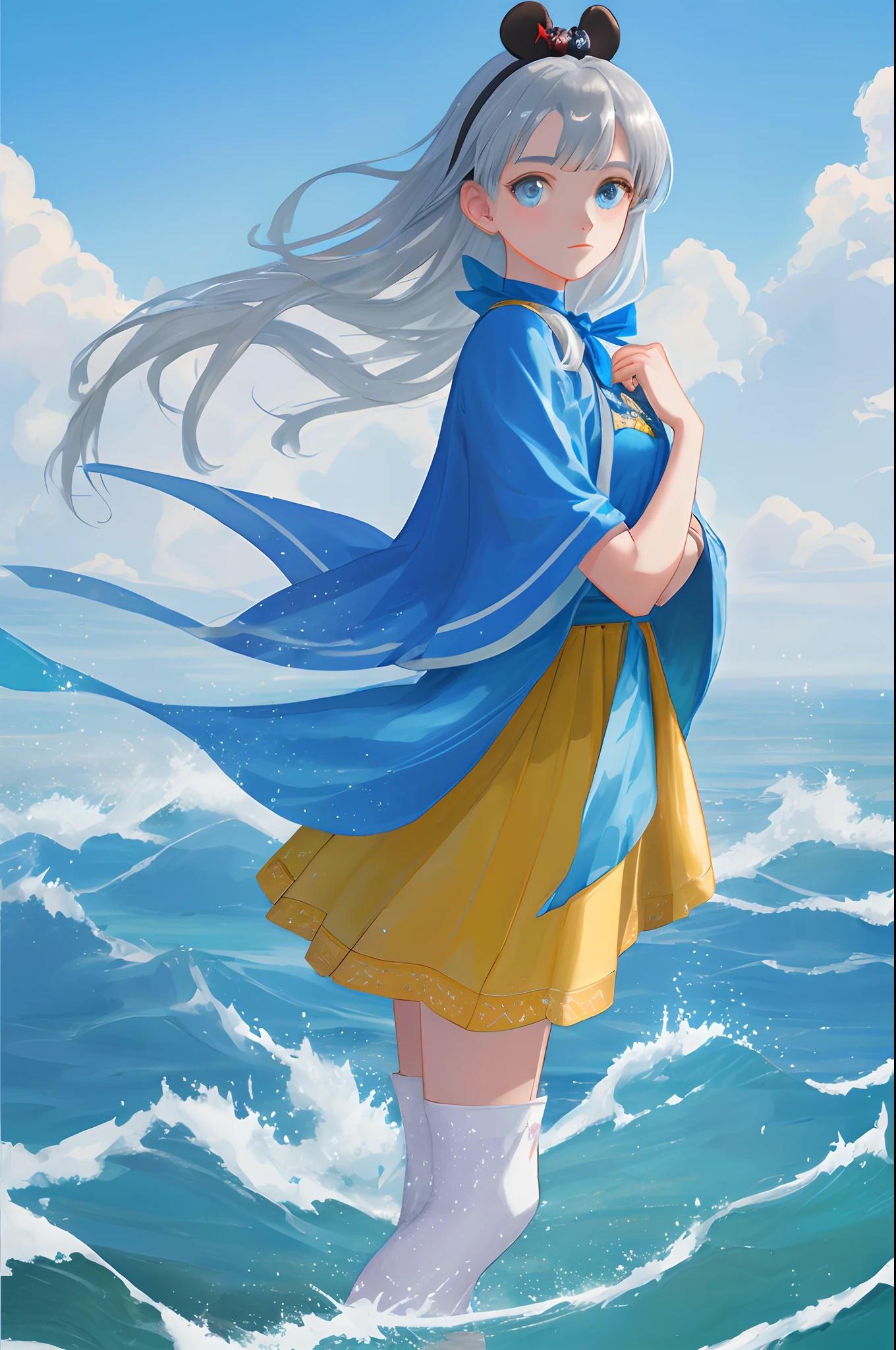 the disney movie, the character in the sky, in the style of hyper-realistic oilkawaii aesthetic, light silver and blue, hyper-realistic water, soft mist, fairycore--ar 3:4 --niji 5--style expressive