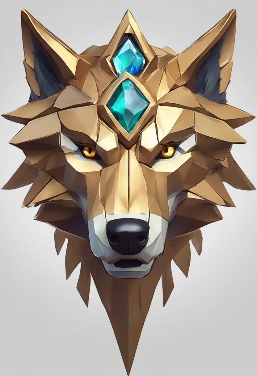 Game medallion with metal wolf head closeup with crown,Close-up of the wolf's head,hearthstone art style, Hearthstone style art, hearthstone concept art, Riot game concept art, style of league of legends, iconic character splash art, League of Legends crown,Game badge,Surrounding metal feathers,Green Gold,c4d渲染,Less detail,less detailing,Huge metal wolf head in the middle,The head has gorgeous gemstones