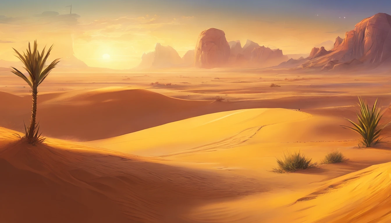 Yellow sand in the sky,The background is a vast desert, Desert oasis,digital landscape art, Detailed scenery —width 672, landscape artwork, environment design illustration, scenery art detailed, Desert oasis landscape, concept-art, 4k highly detailed digital art, 4 k digital painting, 4k digital painting, stunning digital illustration, Desert background, digital painting concept art, Detailed digital painting