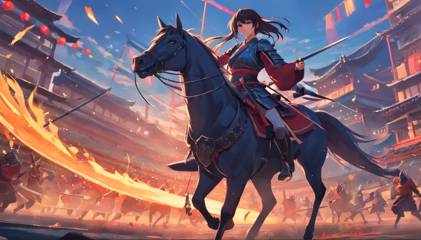 CGI artwork，Original Drawing，Black Metal Armor，Heavily armored samurai，Medieval samurai，femele，long whitr hair，ride horse，Dark horse，Kill，battlefiled，Fight in blood