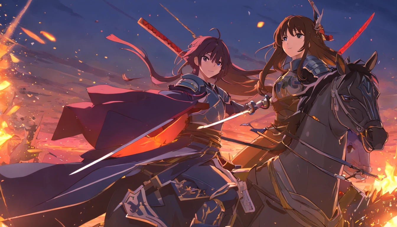 CGI artwork,Original Drawing,Black Metal Armor,Heavily armored samurai,Medieval samurai,femele,long whitr hair,ride horse,Dark horse,Kill,battlefiled,Fight in blood