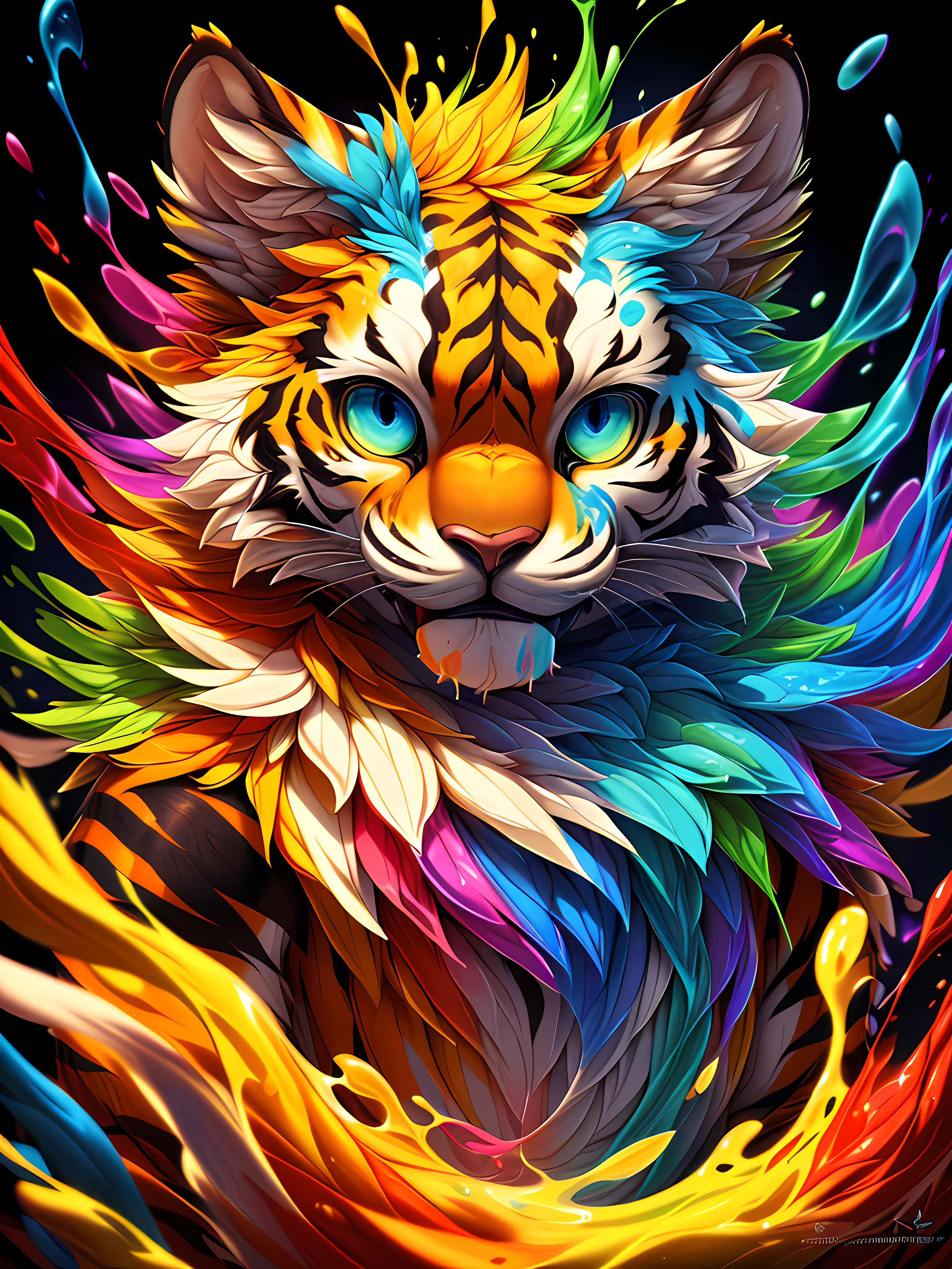 Splash Art, Cute cute tiger in liquid made of color, splash style of colourful paint, hyper detailed intricately detailed, Fantastical,intricately details, Splash screen, complementary colours, fantasy, concept-art, 8K resolution, Deviantart's masterpiece,