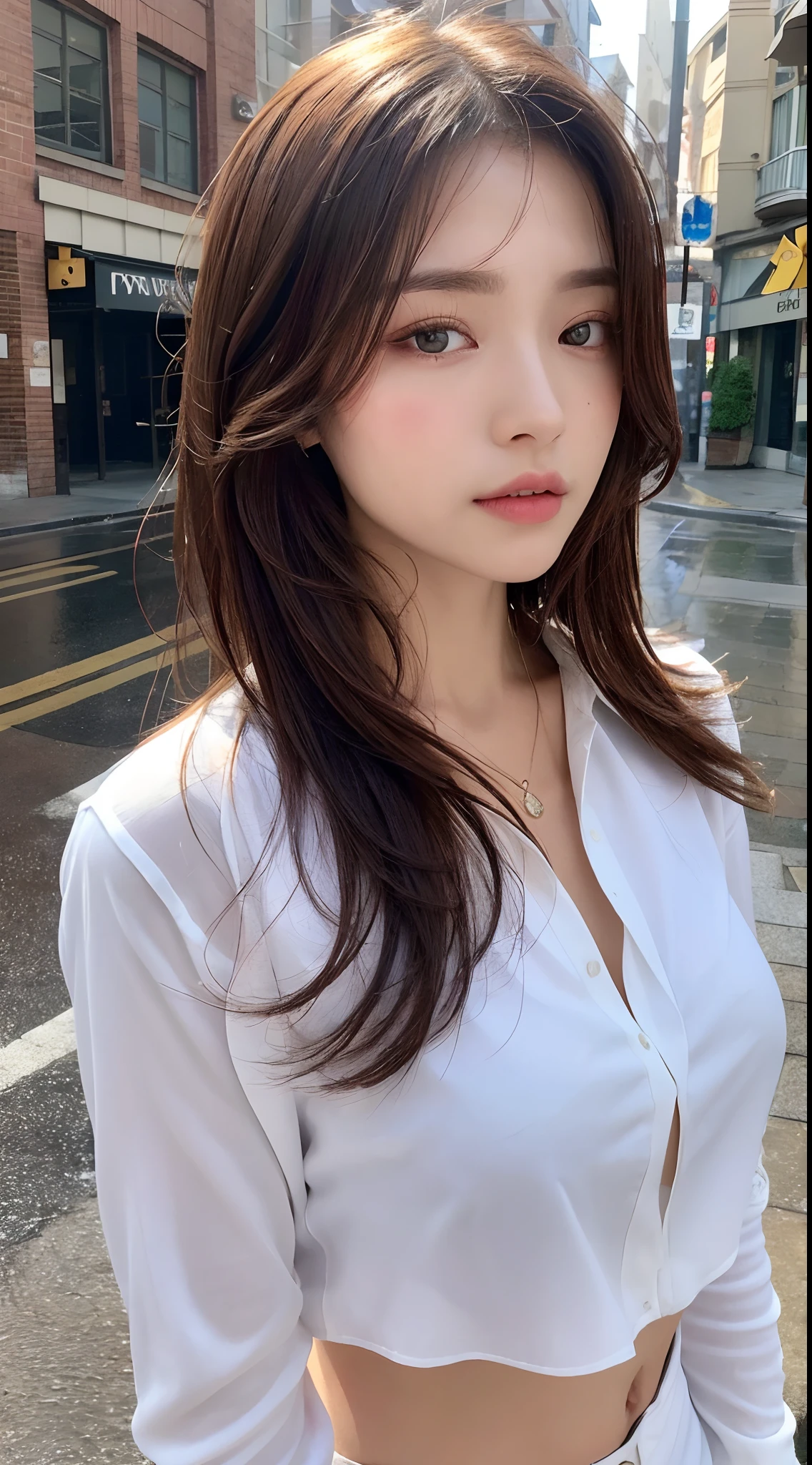 ((Best Quality, 8K, Masterpiece: 1.3)), Sharp: 1.2, Perfect Body Beauty: 1.4, Slim Abs: 1.2, ((Layered brown hairstyle, Medium Breasts: 1.2)), (Wet White Button Long Shirt: 1.1), (Rain, Street: 1.2), Wet: 1.5, Highly detailed face and skin texture, detailed eyes, double eyelids, side face looking at the camera