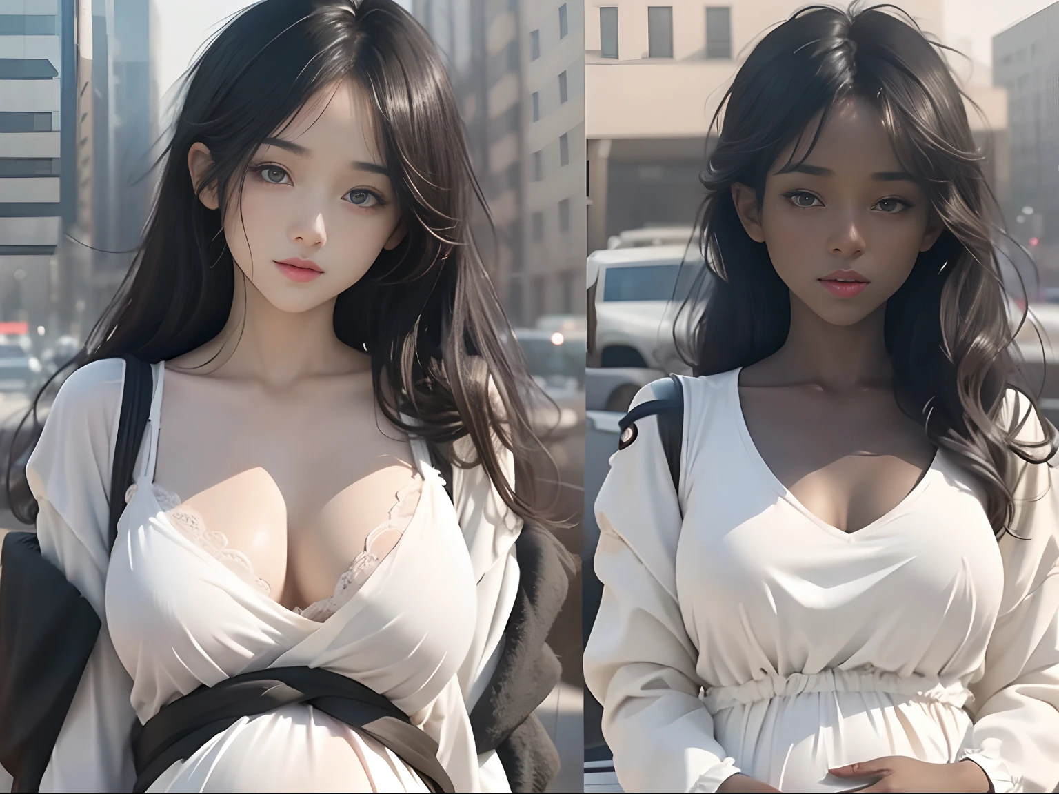 Loli anime girl in white, be pregnant, Realistic shadows, Detailed skin, Very small breasts, Black hair, Very detailed, 8K highly detailed face, Perfect face shape, Perfect lips, Perfect nose, Correct beautiful eyes, Watching Viewer, Masterpiece, Best quality, Single girl, No bra, , Solo