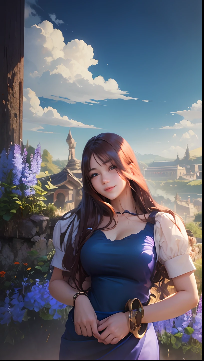 Change into anime cute girl, cute smile , long hair,blue dress,white bracelet, reddish chick brawn lip , nature background,hd quality