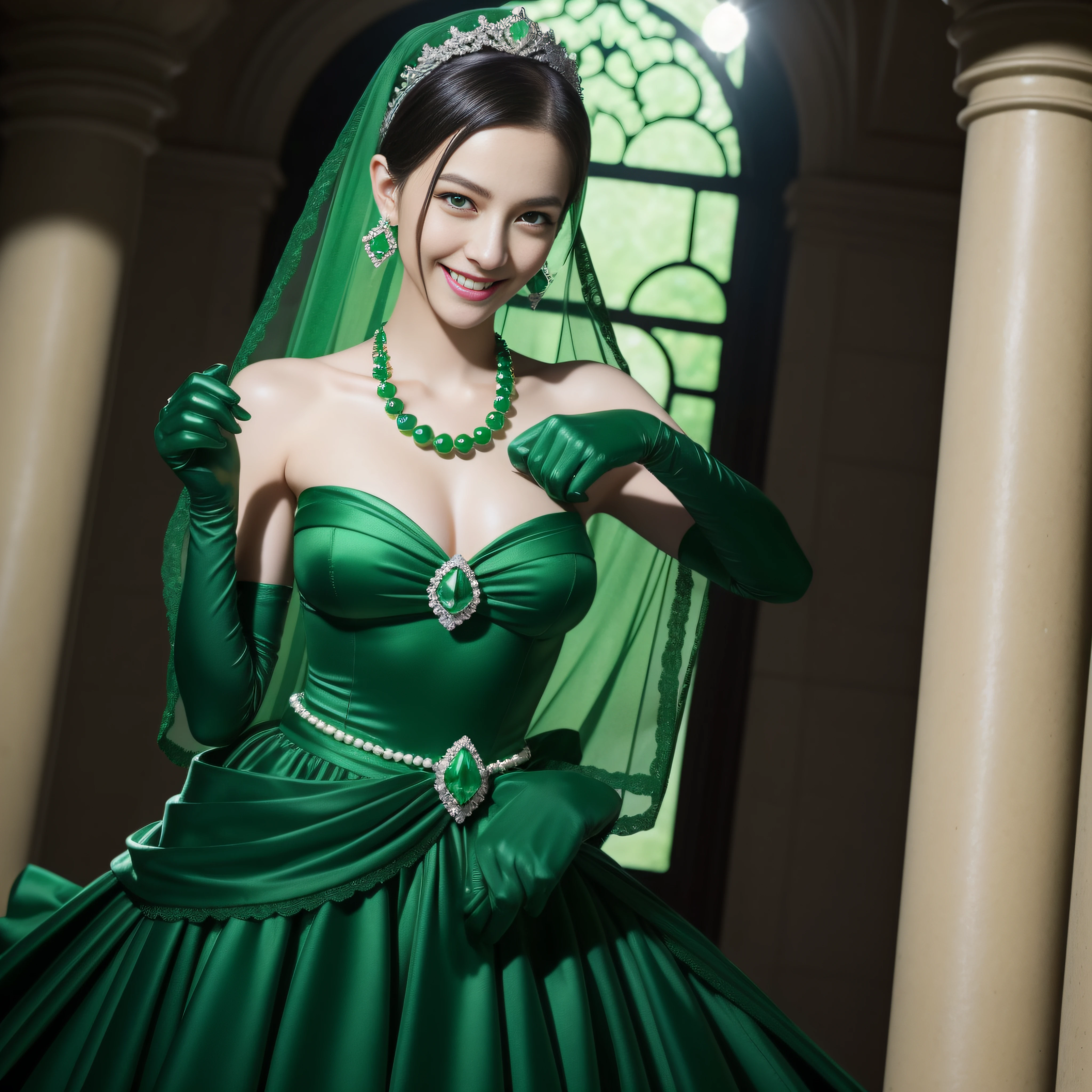 emerald tiara, Green Pearl Necklace, Boyish very short black hair, lipsticks, Japan woman smiling, very short short hair, big breasts beautiful, Green eyes, Long green gloves made of satin material, Green eyes, Emerald Earrings