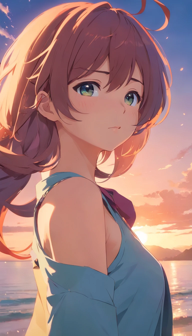 Best quality, 30 year old woman, medium breasts, brown long hair, blue eyes, nude, sunset, upper body, sexy, angelic, see through, god rays, fluffy clouds, colourful flower field,, big booty, freckles, Cute
