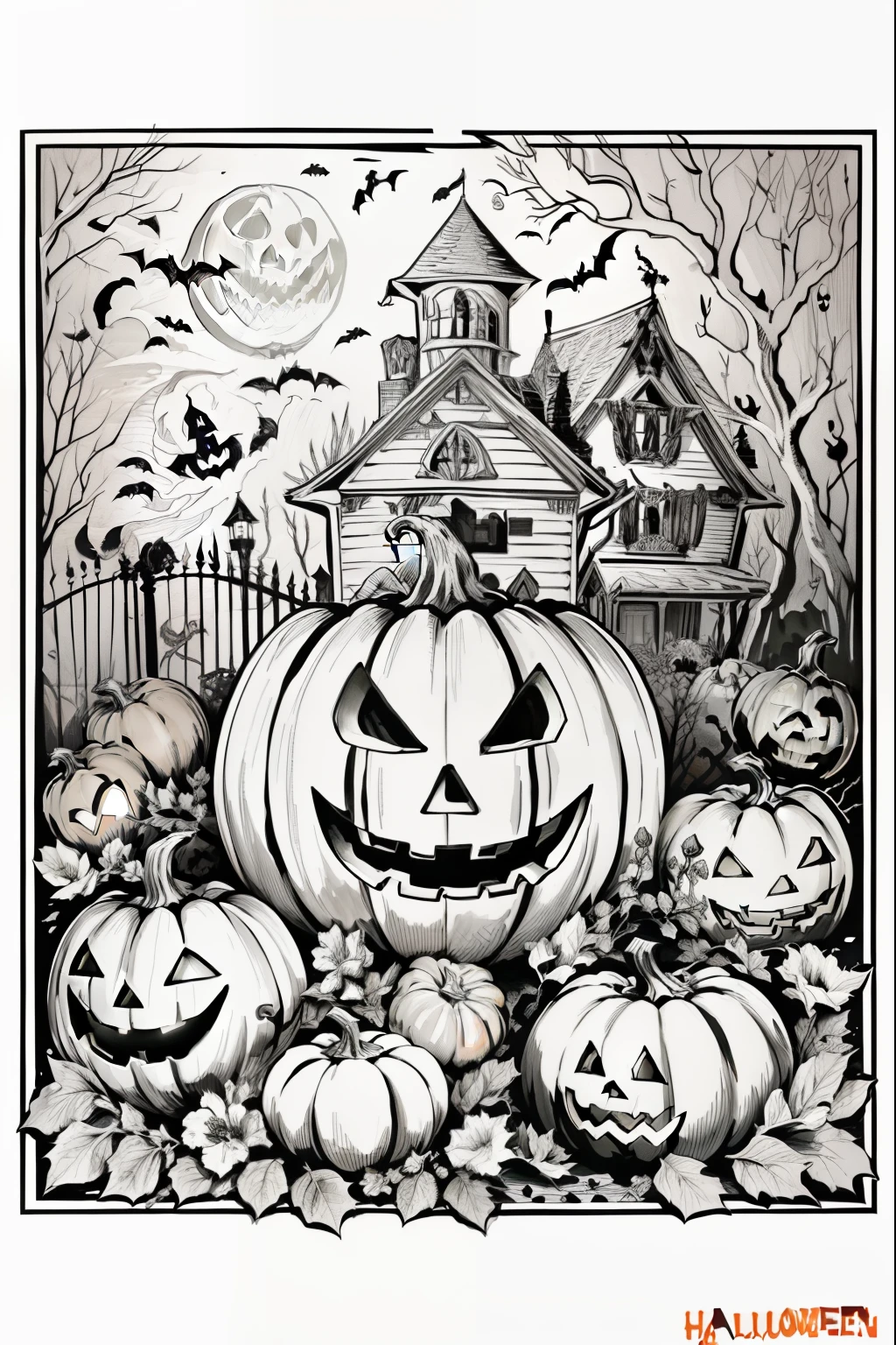 a coloring page with a pumpkin and other pumpkins in front of a house, halloween art style, black and white color only, halloween theme, halloween scene, highly detailed illustration.”, coloring book outline, detailed ink illustration, scary detailed art in color, black and white coloring, clean ink detailed line drawing, highly detailed ink illustration, halloween celebration, spooky halloween theme