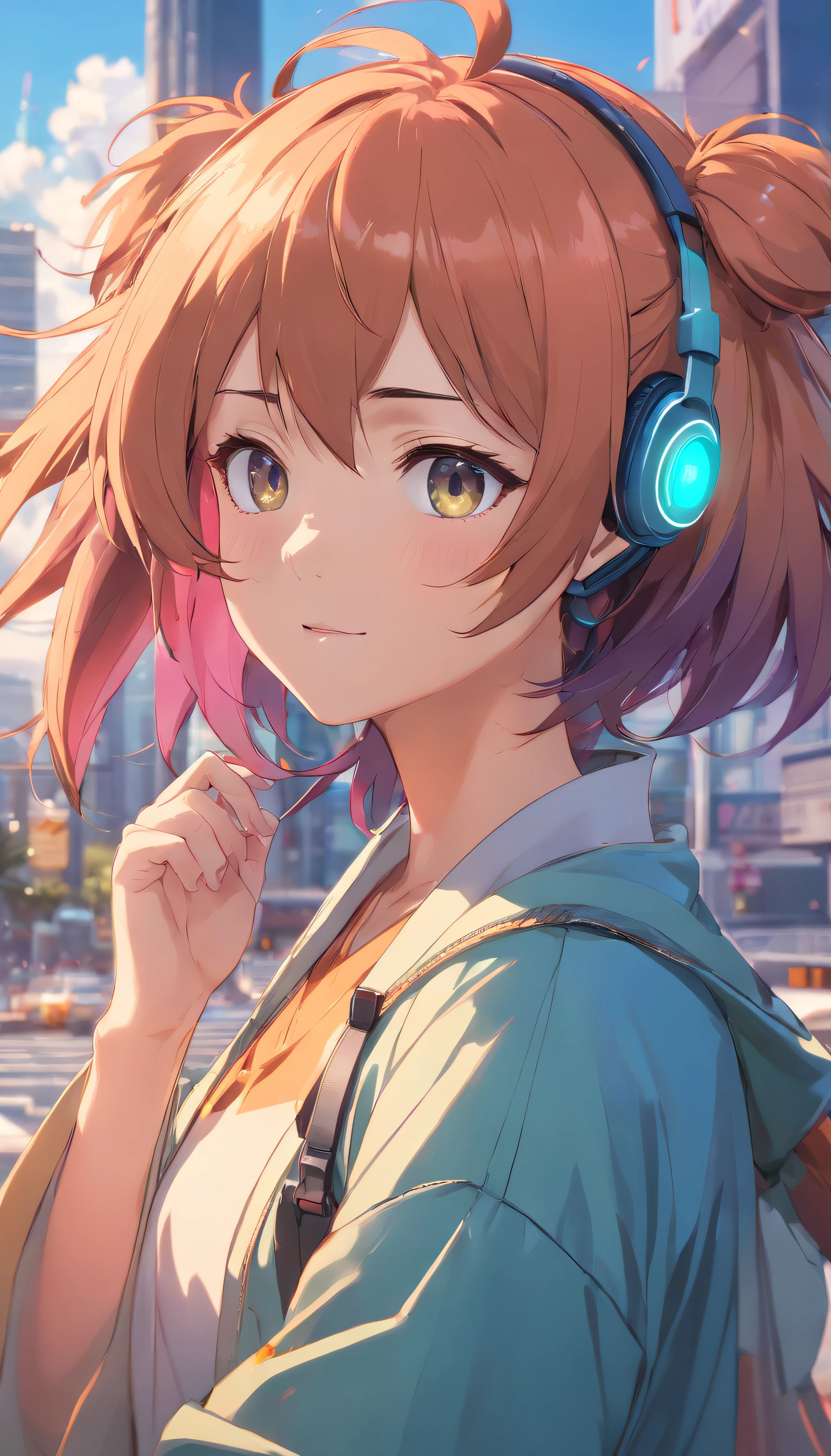 multicolored hair, Gradient hair, kanzashi, headset on head,Tears, dog ears, mouth hold, ripped apart, surrealism, High detail, Action painting, Verism, back lit lighting, stereograms, projected inset, Close-up, Cowboy shot, Sony FE, Sony FE GM, hyper HD, retinas, Super detail, High details, Textured skin, 8K,Lazy look