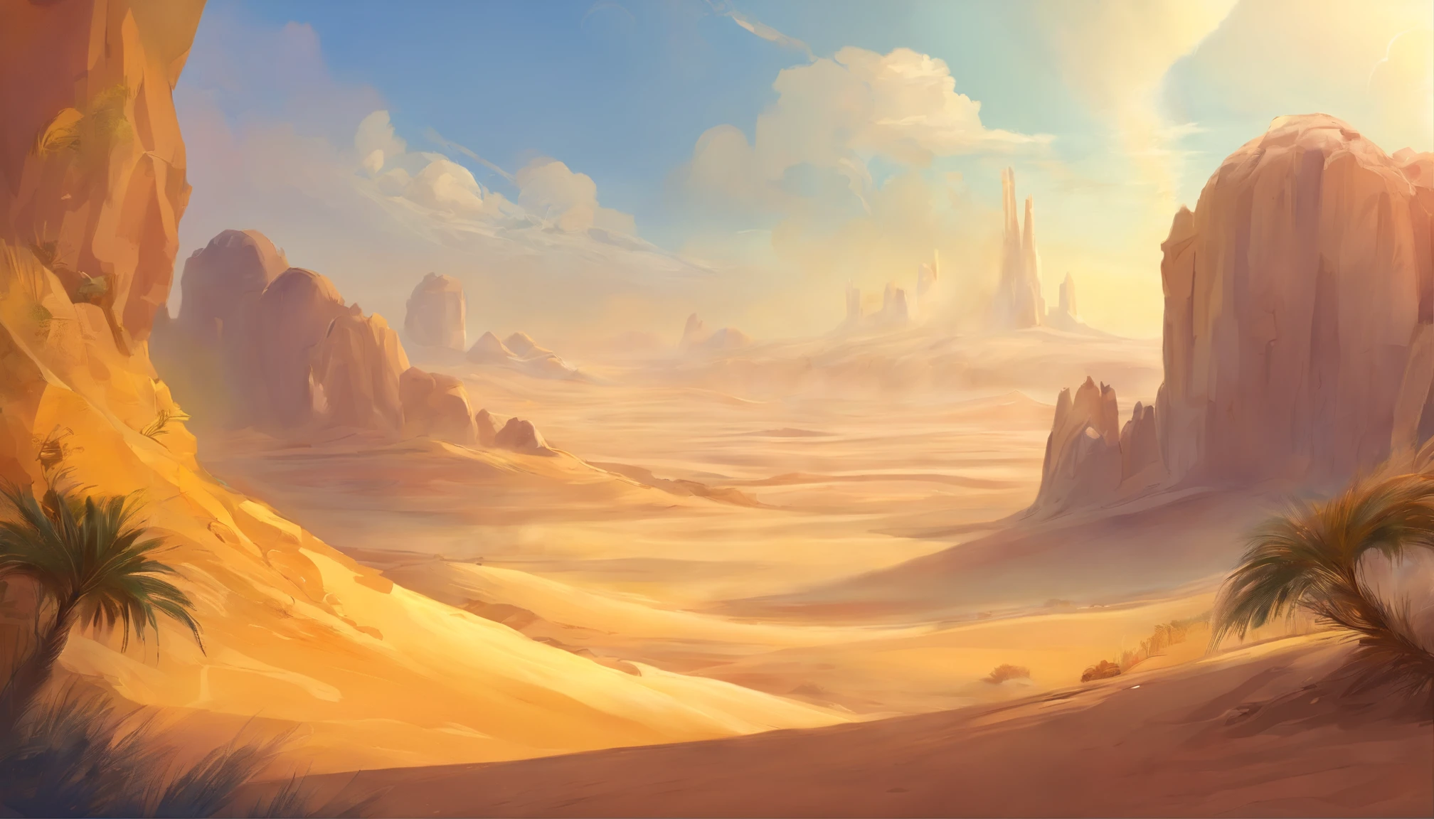 Yellow sand in the sky，The background is a vast desert, Desert oasis，digital landscape art, Detailed scenery —width 672, landscape artwork, environment design illustration, scenery art detailed, Desert oasis landscape, concept-art, 4k highly detailed digital art, 4 k digital painting, 4k digital painting, stunning digital illustration, Desert background, digital painting concept art, Detailed digital painting