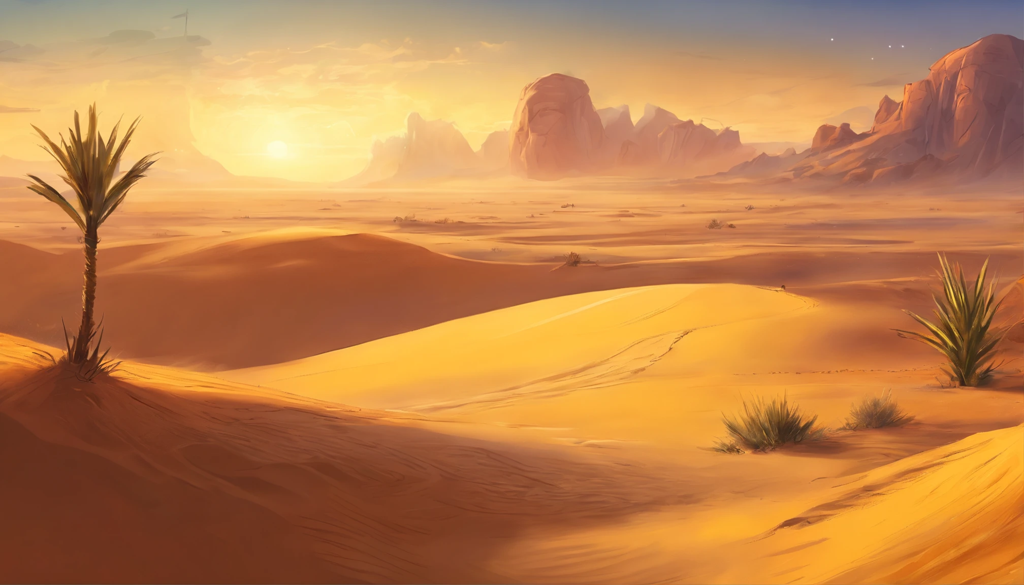 Yellow sand in the sky，The background is a vast desert, Desert oasis，digital landscape art, Detailed scenery —width 672, landscape artwork, environment design illustration, scenery art detailed, Desert oasis landscape, concept-art, 4k highly detailed digital art, 4 k digital painting, 4k digital painting, stunning digital illustration, Desert background, digital painting concept art, Detailed digital painting