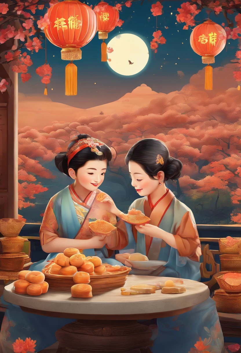 (top-quality、8K、tmasterpiece:1.3)、Full moon and stars in sky illustration,mid-autumn festival,The family sits together eating mooncakes,Mom and dad laugh with the kids,Have in the living room、Bright house scene,extremely detailed face and skin,Heartwarming scene,perfect detail