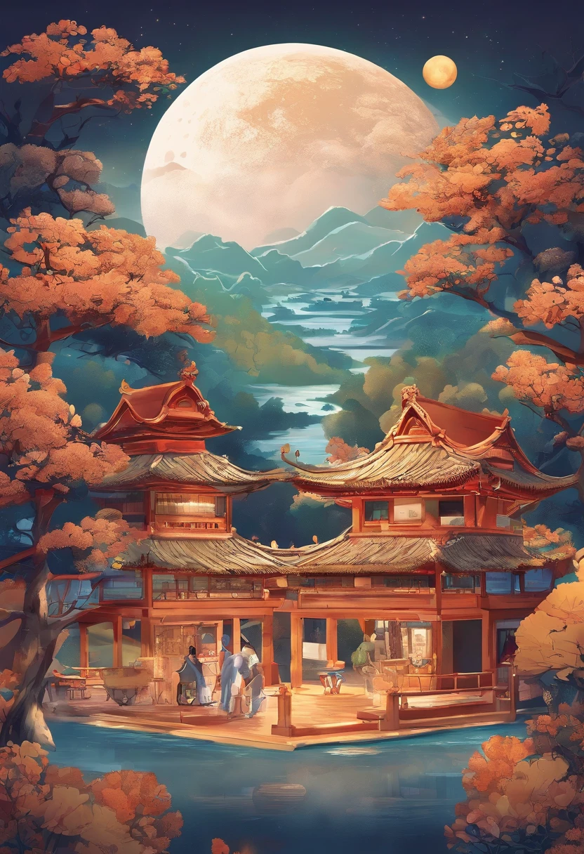 (top-quality、8K、tmasterpiece:1.3)、Full moon and stars in sky illustration,mid-autumn festival,The family sits together eating mooncakes,Mom and dad laugh with the kids,Have in the living room、Bright house scene,extremely detailed face and skin,Heartwarming scene,perfect detail