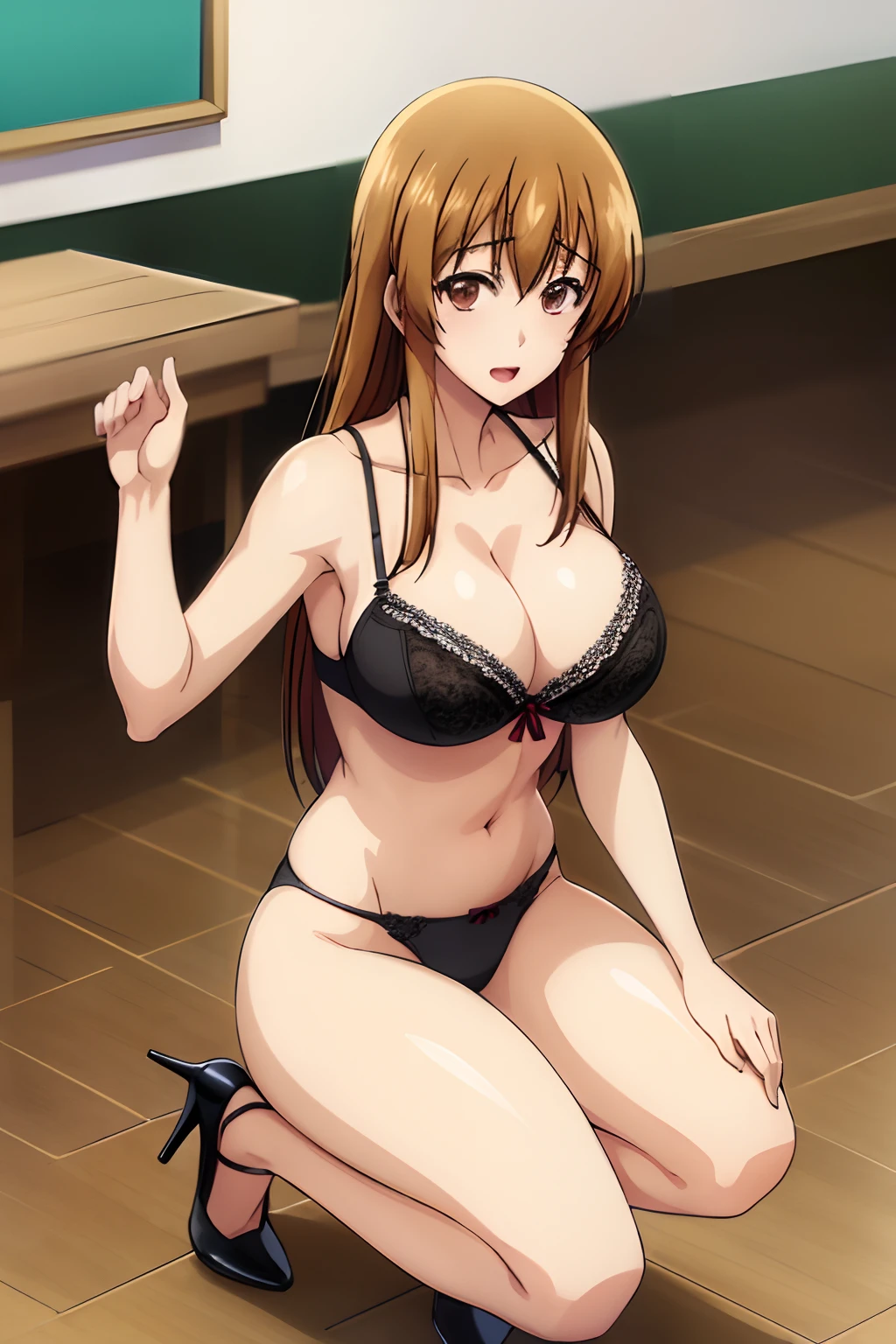 best quality, (masterpiece:1.2), highly detailed, 1girl, kotegawa nanaka, black bra, black panties, garterbelt,  lingerie, looking at viewer, slight smile, open mouth, brown eyes, brown hair, long hair, (huge tits), cleavage, busty, (fullbody), at room, squat pose, high heels, (solo)