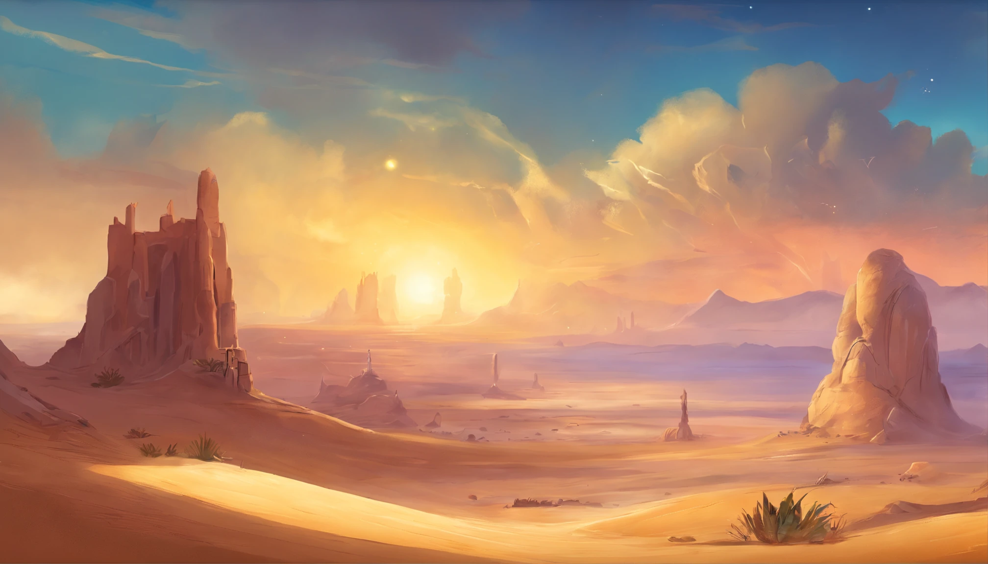 Yellow sand in the sky,The background is a vast desert, Desert oasis,digital landscape art, Detailed scenery —width 672, landscape artwork, environment design illustration, scenery art detailed, Desert oasis landscape, concept-art, 4k highly detailed digital art, 4 k digital painting, 4k digital painting, stunning digital illustration, Desert background, digital painting concept art, Detailed digital painting