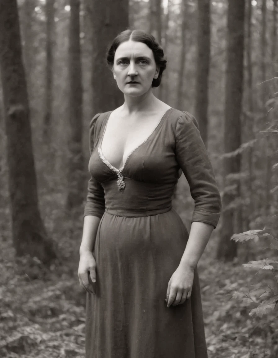 full body, Hitler with breasts, on the forest, captured in black and white, 1900s photograph, gelatine silver print, noise effect