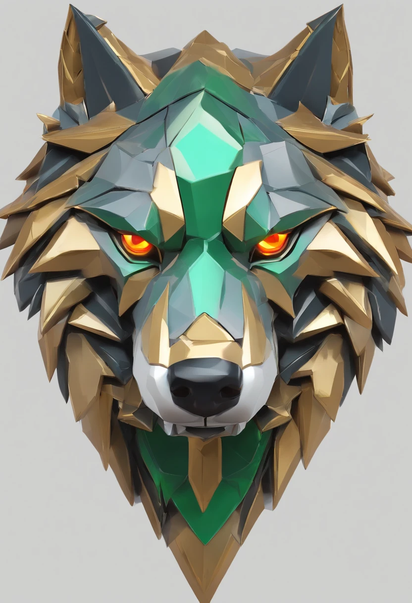 Game medallion with metal wolf head closeup with crown,Close-up of the wolf's head,hearthstone art style, Hearthstone style art, hearthstone concept art, Riot game concept art, style of league of legends, iconic character splash art, League of Legends crown,Game badge,Surrounding metal feathers,Green Gold,c4d渲染,Less detail,less detailing,Huge metal wolf head in the middle,The head has gorgeous gemstones