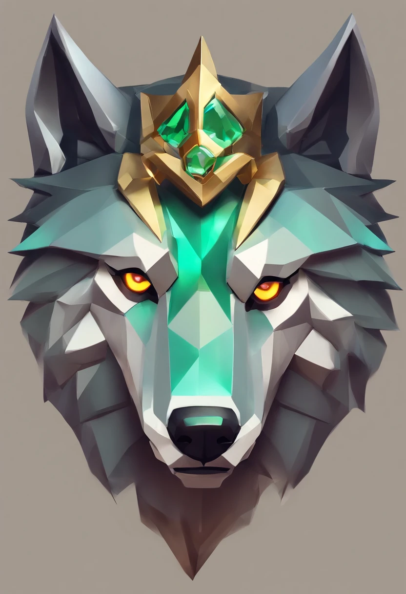 Game medallion with metal wolf head closeup with crown,Close-up of the wolf's head,hearthstone art style, Hearthstone style art, hearthstone concept art, Riot game concept art, style of league of legends, iconic character splash art, League of Legends crown,Game badge,Surrounding metal feathers,Green Gold,c4d渲染,Less detail,less detailing,Huge metal wolf head in the middle,The head has gorgeous gemstones