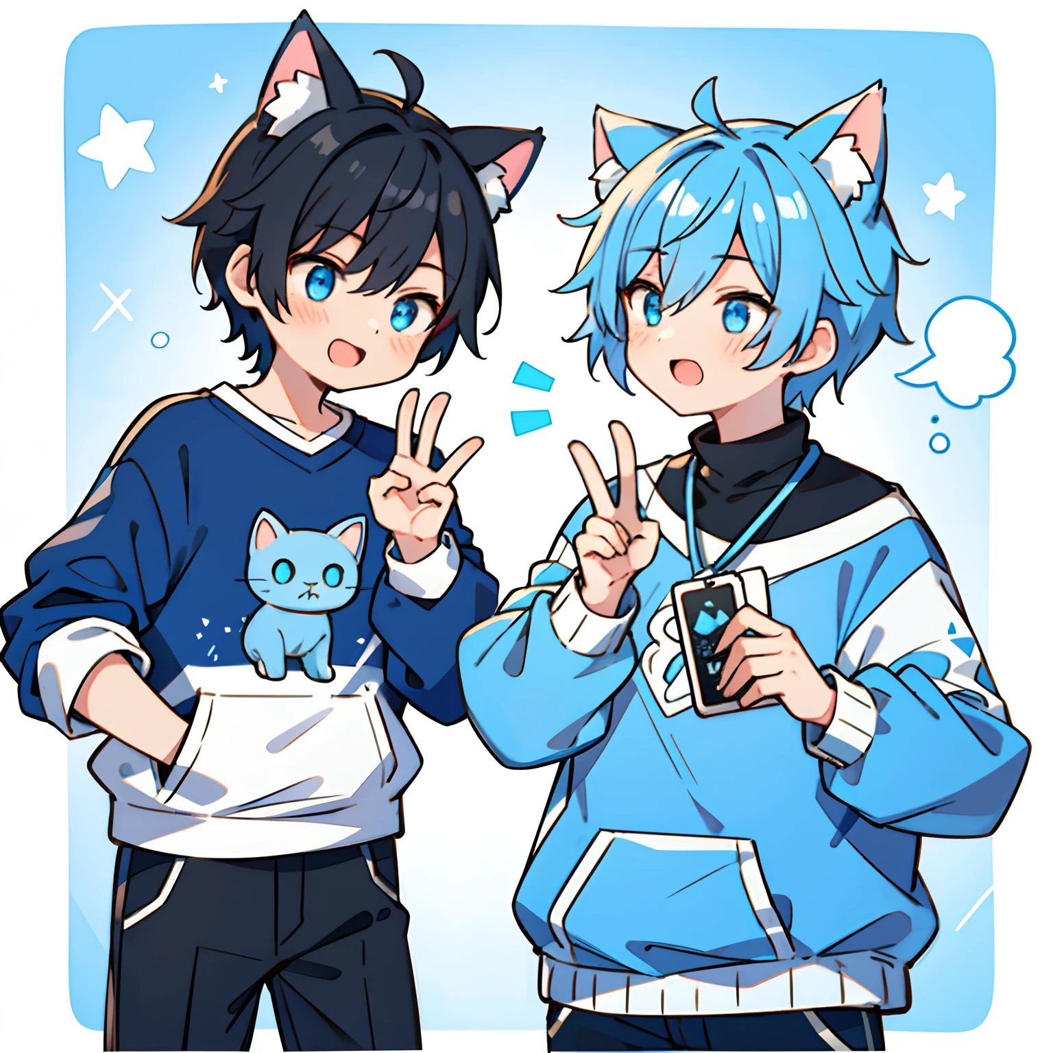 1boys，Blue short hair，Blue and white cat ears，Black and white sweatshirt，ear phone，coda，laughingly