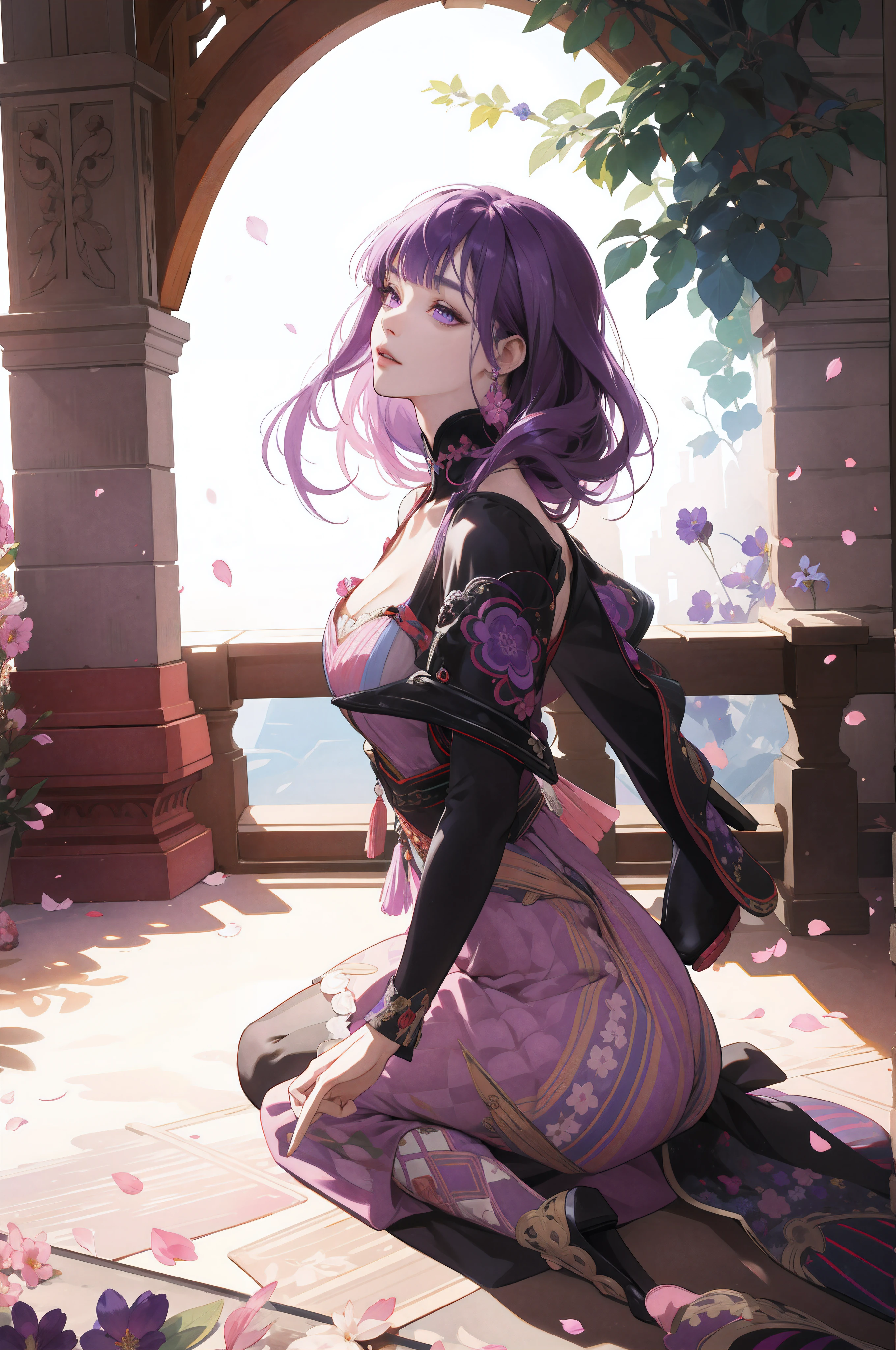 (absurdres, highres, ultra detailed), 1girl, mature female, wavy purple hair, long hair, blunt bangs, purple eyes, pink dress, finely detailed eyes and detailed face, extremely detailed CG unity 8k wallpaper, intricate details, BREAK , kaleidoscopic imagery, symmetrical patterns, vibrant colors, geometric shapes, mesmerizing designs, optical illusions, dynamic composition BREAK , pantomime art, expressive body language, silent storytelling, evocative gestures, visual narratives, theatrical performances BREAK , blooming flowers, colorful petals, fragrant scents, nature's bounty, vibrant gardens, peaceful scenery