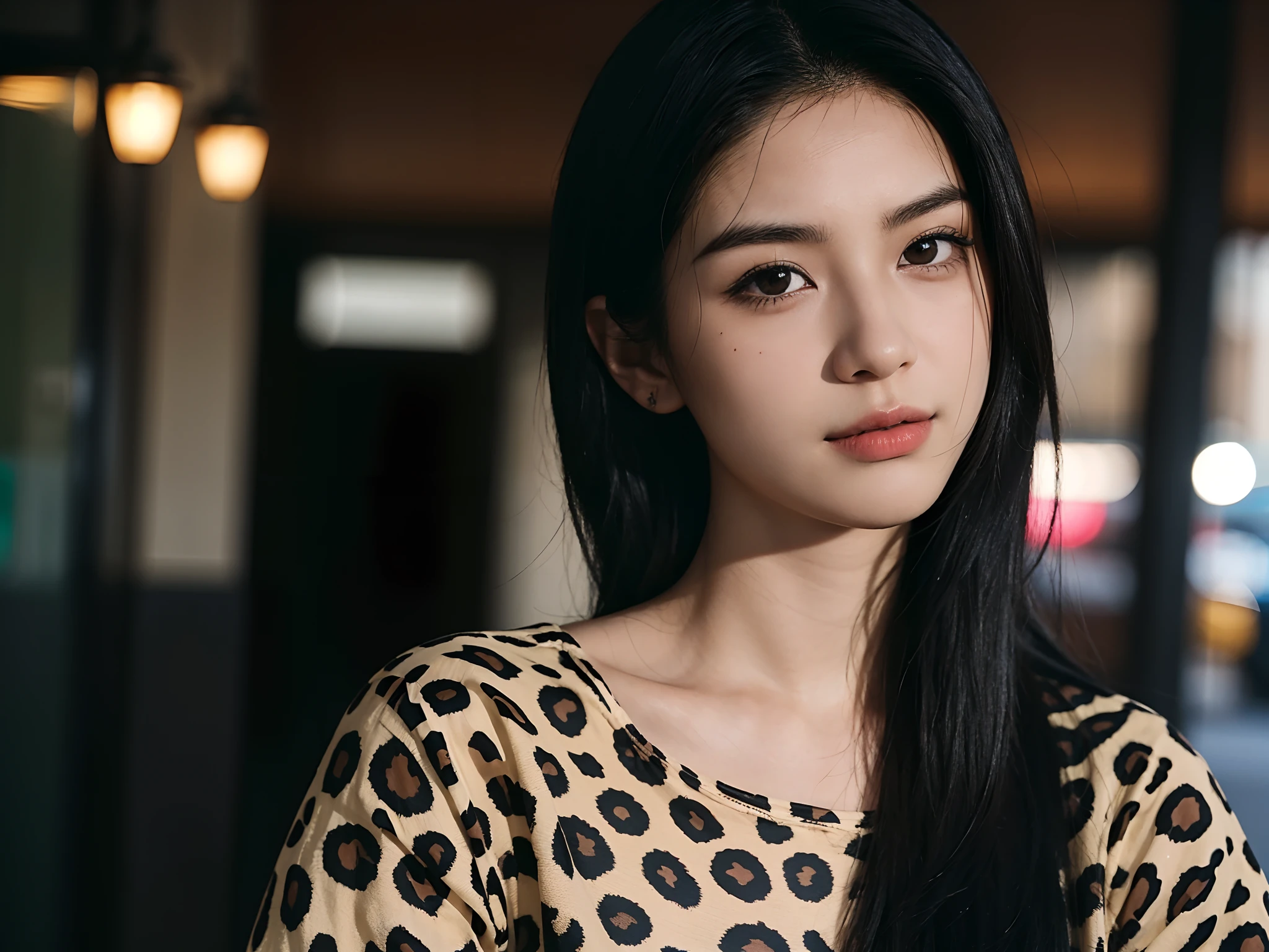 there is a woman with long black hair and a leopard print shirt, with short hair, selfie shot straight on angle, close up potrait, leaked photo, 18 years old, slight cute smile, leaked image, with accurate face, 1 9  years old, potrait, cindy avelino, 2 0 years old woman, 21 years old woman