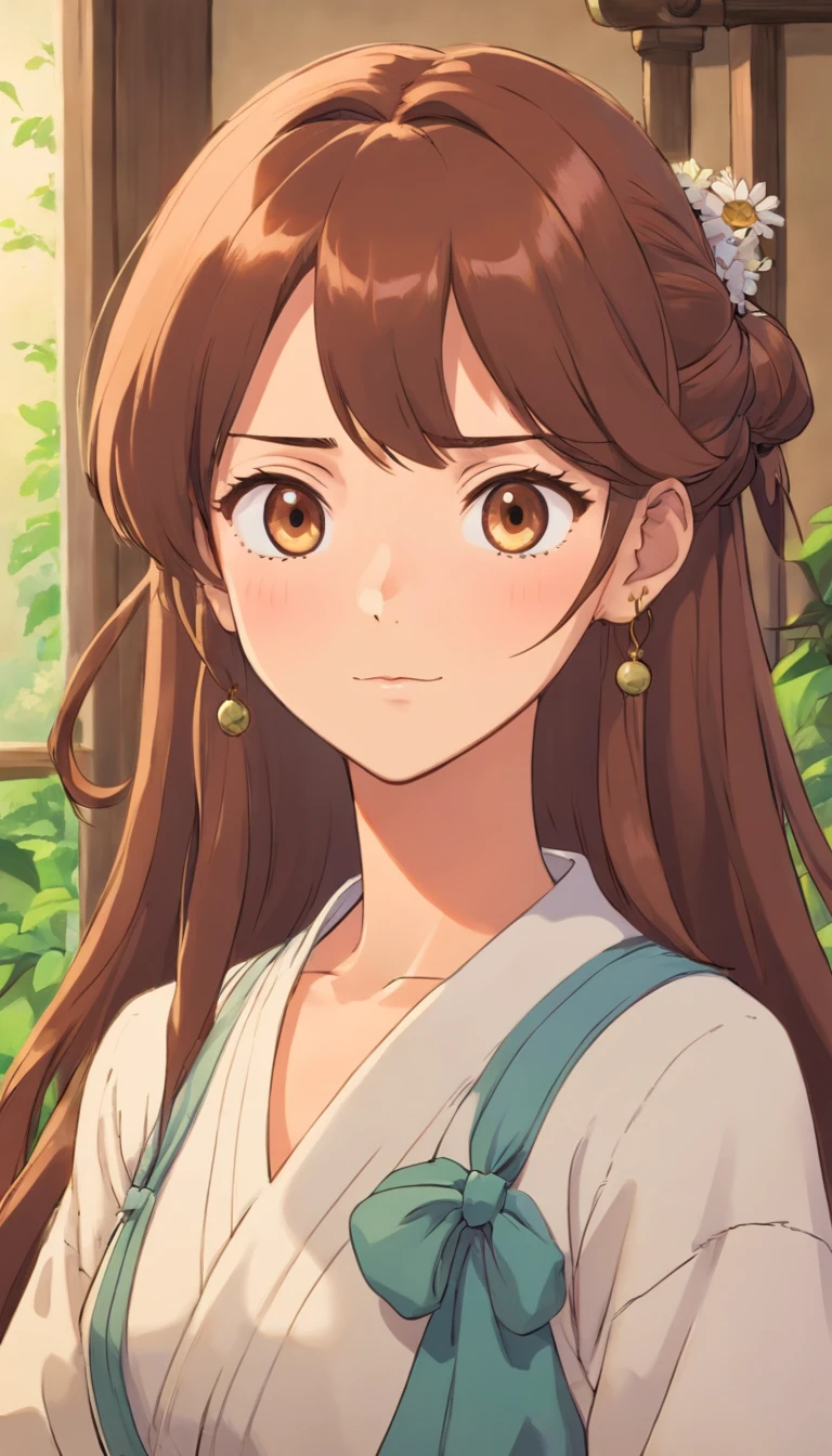 A woman with a brown long hair,tied hair,strict face,housewife look,front view,mother like,45 years old,aunt look,not too old