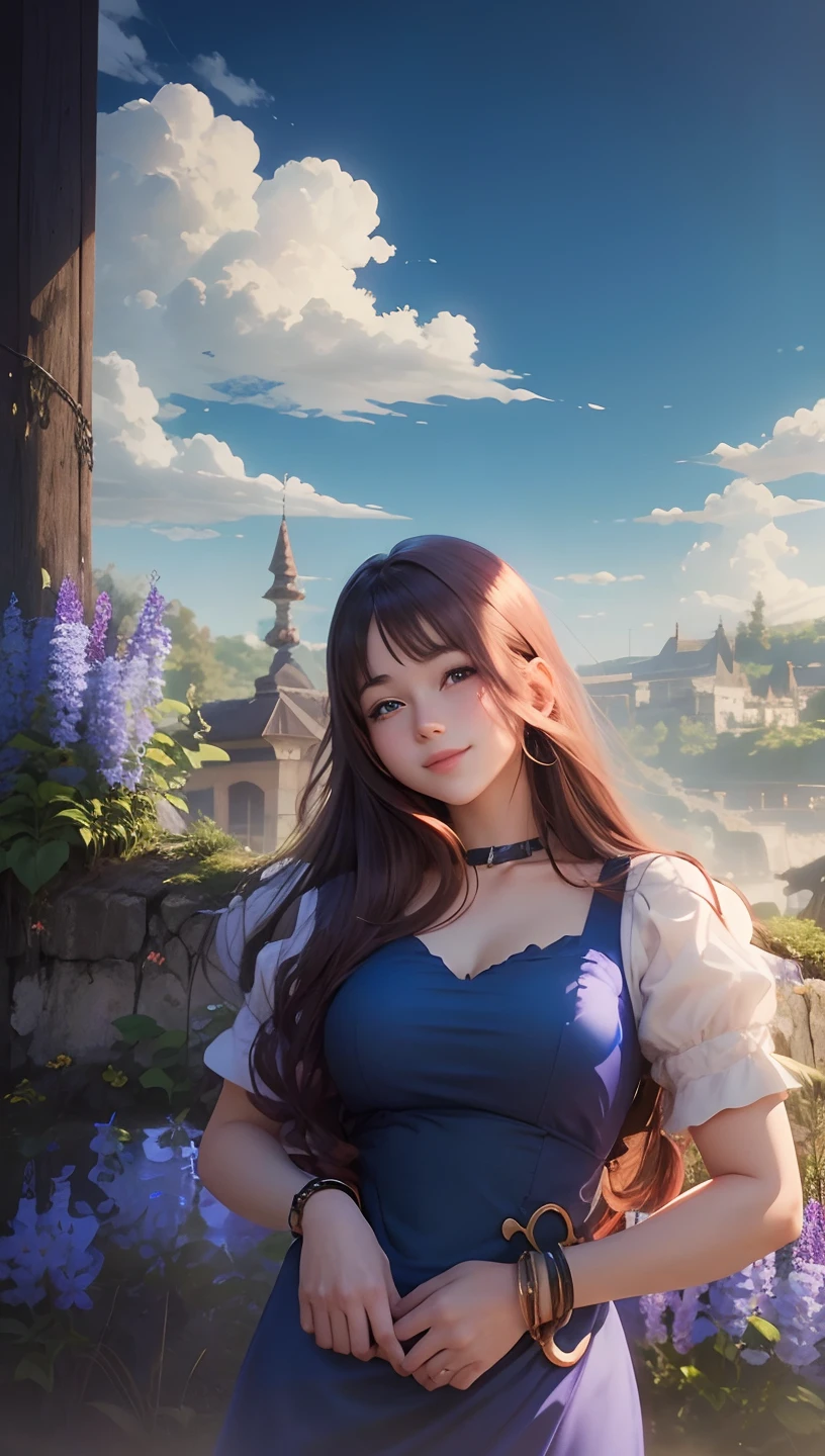 Change into anime cute girl, cute smile , long hair,blue dress,white bracelet, reddish chick brawn lip , nature background,hd quality ,two eyes open cute