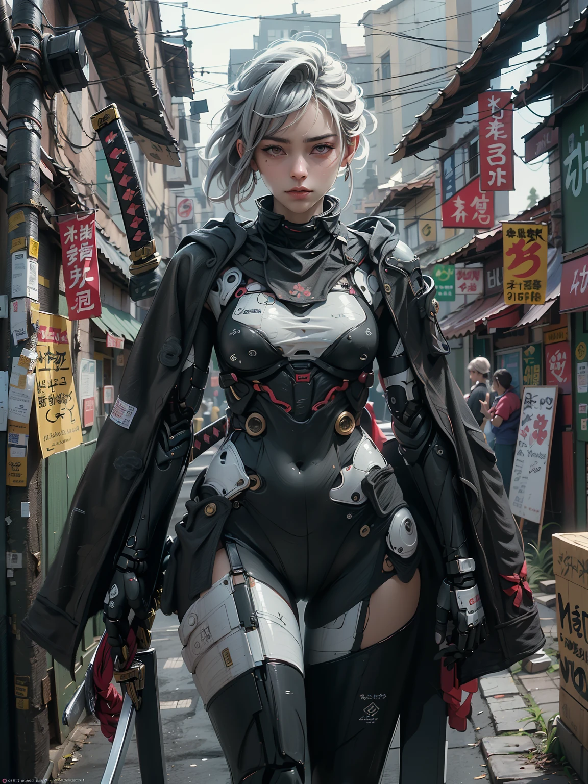 1female samurai cyborg wearing a cloak, (Black Coat:1.2), holding sword, Katana, God of War, complex, 8k, (Masterpiece, Best quality:1.2), extremely detailed, cinematic, iridescent, armor, mecha,