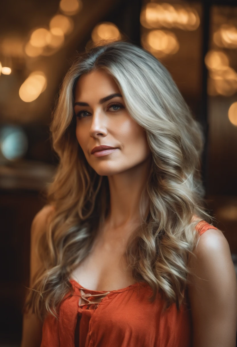 (masterpiece:1.2, Top Quality), (Real Pictures, intricated details), Solo, 1Middle-aged woman, close-up face, tee shirt, (Front Focus), Looking at me, (bangss:1.5), Long hair, office