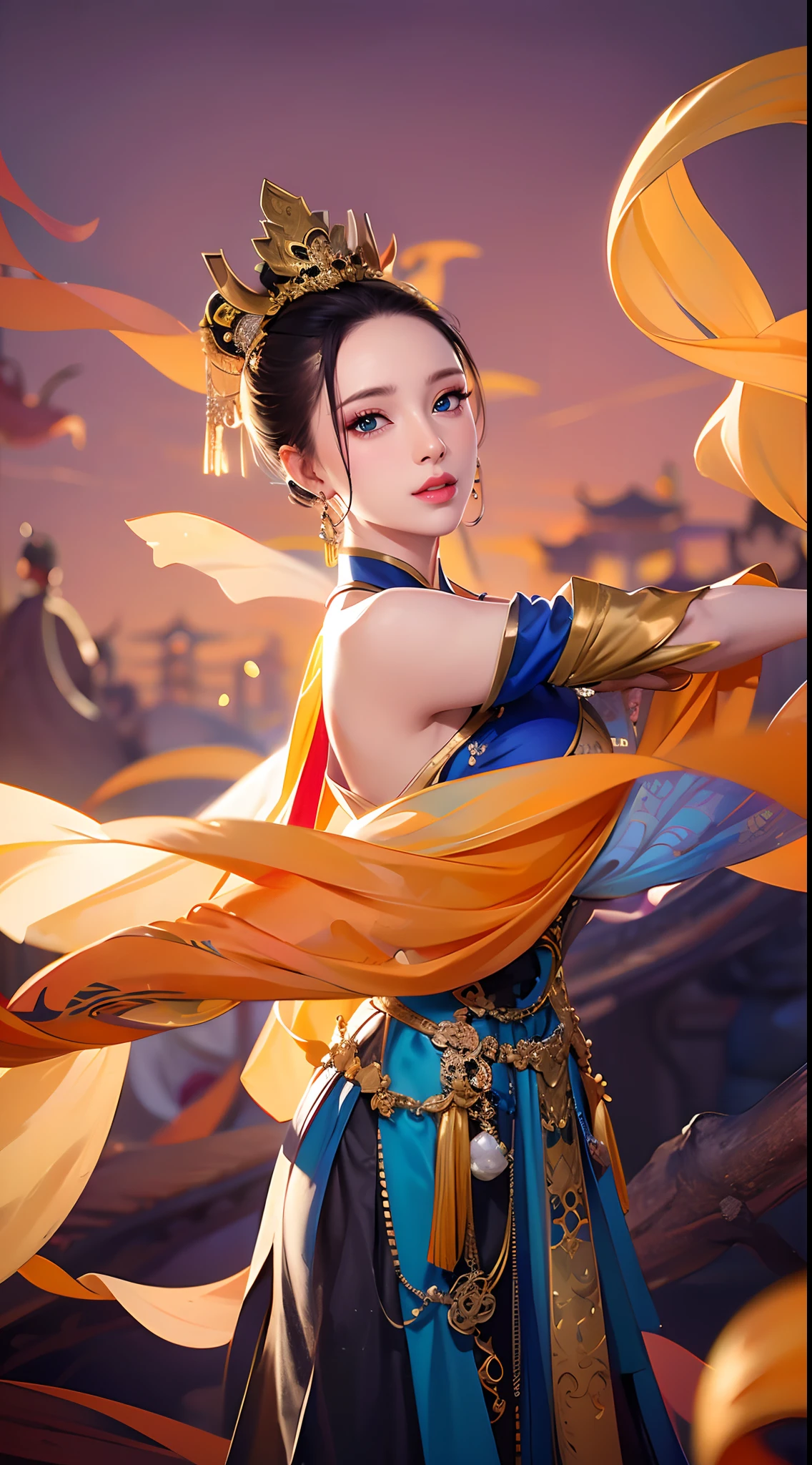 (Masterpiece, Top Quality, Best Quality, Extreme Detail, Supreme Detail, Official Art, Beauty and Aesthetics: 1.2), Colorful, Denim Shot, Upper Body Shot, Beautiful Face, Solo, Perfect Body, (On Sky Clouds: 1.3), Fairy, Flowing Streamers, Sun Rays, Clouds, Full Body, Hanfu, Chinese Clothes, White Dress, Water, Fireflies, Night, Starry Sky, Jewelry, Feathers on Dresses, Peacock Feathers, Light Particles, Volume Lighting, ray tracing (flowing streamers: 1.1), (fantasy novels: 1.2), illuminators, stars, fantasy, high contrast, ink strokes, overexposure, purple and red tone impressions, abstract, (watercolors by John Berkey and Jeremiman)) brush strokes,